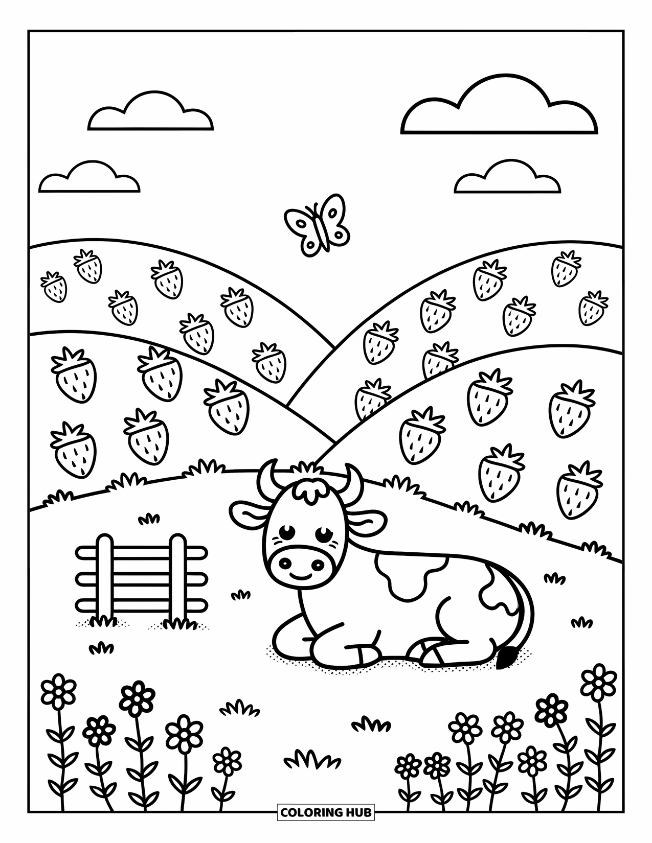Strawberry Cow Coloring Page for Adults: Cow relaxing near strawberry-dotted hills and a fluttering butterfly