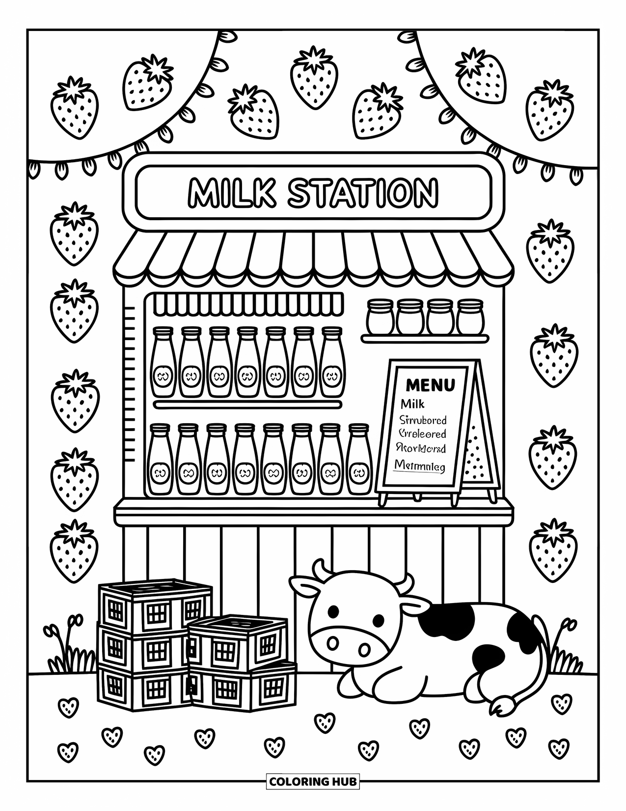 Strawberry Cow Coloring Page for Adults: Cow resting by a cozy milk stand filled with strawberry bottles