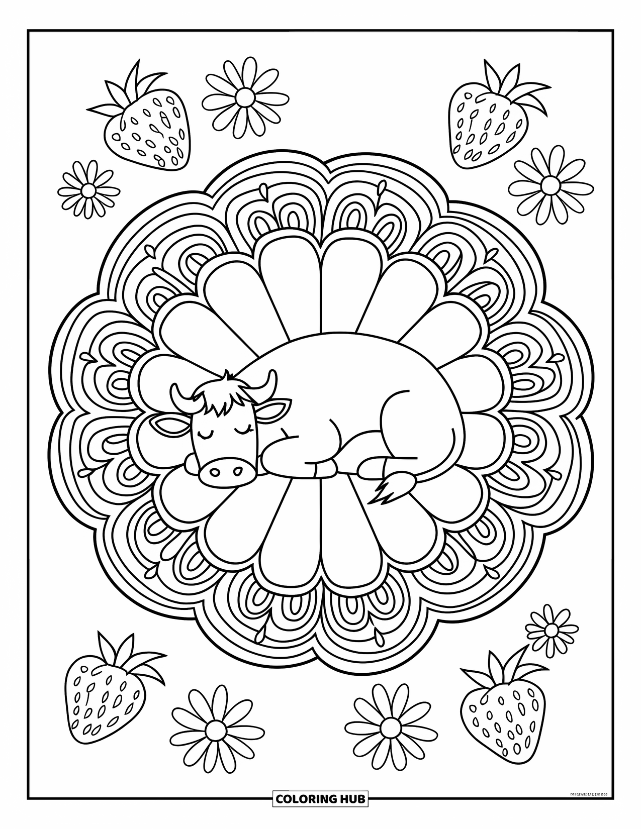 Strawberry Cow Coloring Page for Adults: Cow resting in a mandala of strawberries and daisy clusters