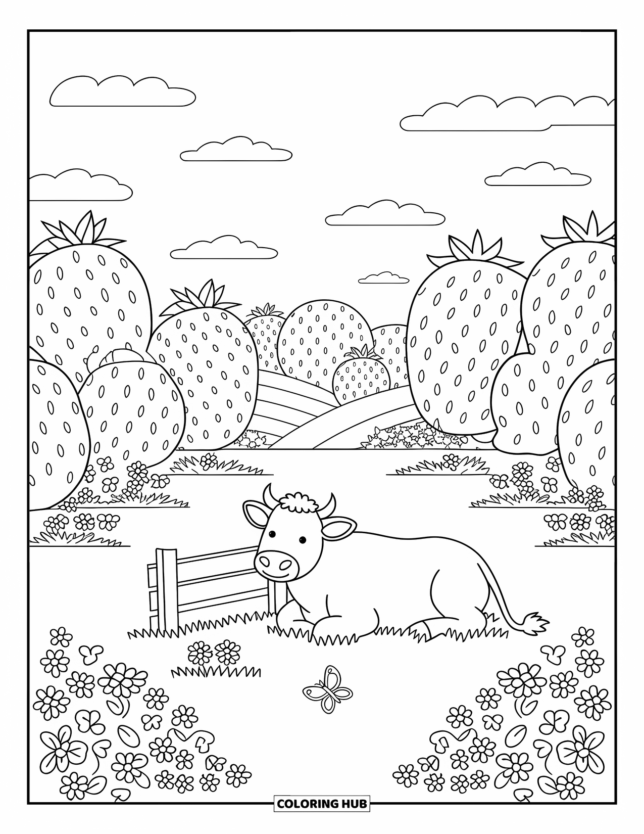 Strawberry Cow Coloring Page for Adults: Cow resting near a fence with strawberry hills and a butterfly nearby