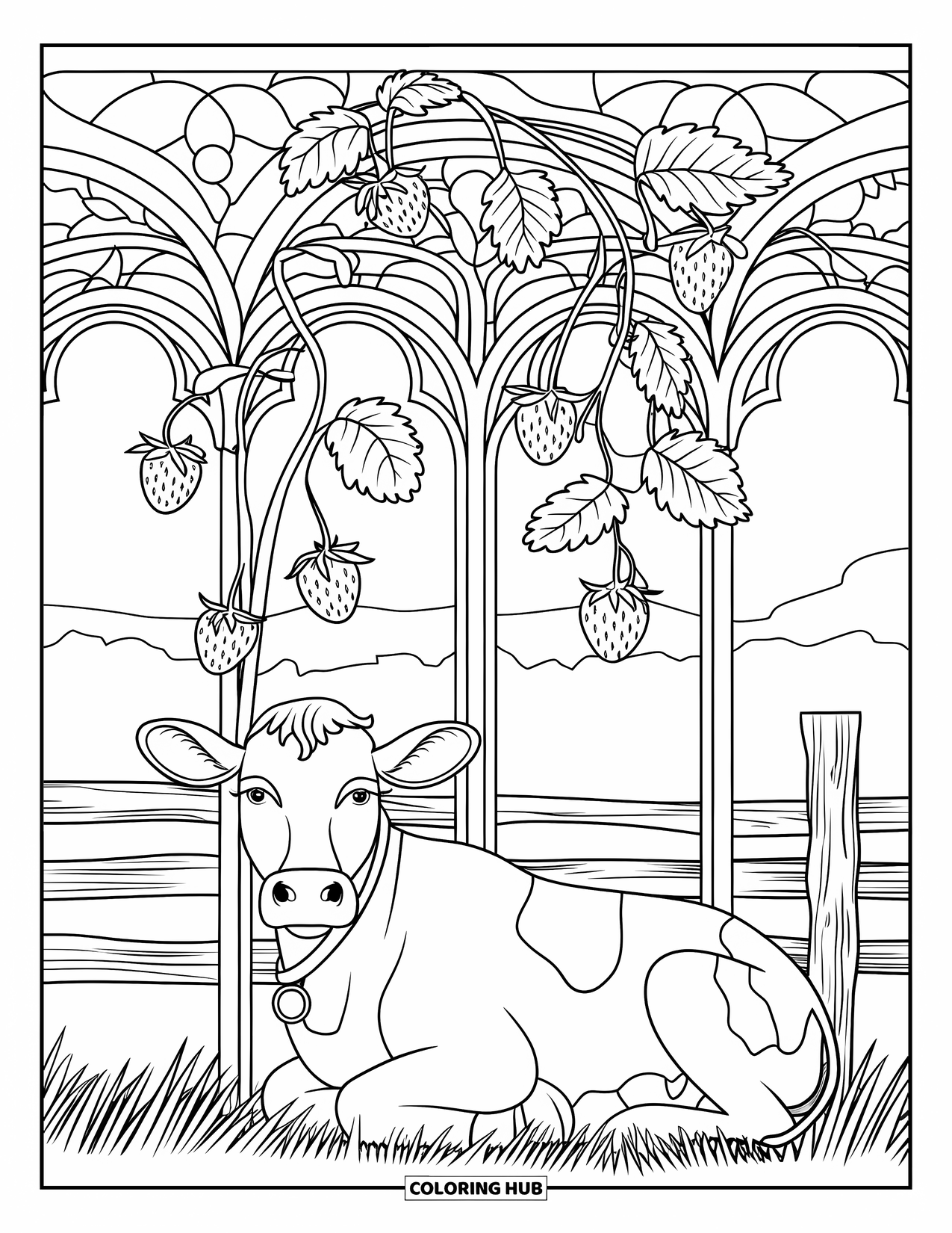 Strawberry Cow Coloring Page for Adults: Cow sitting under stained glass arches beside a tall strawberry plant