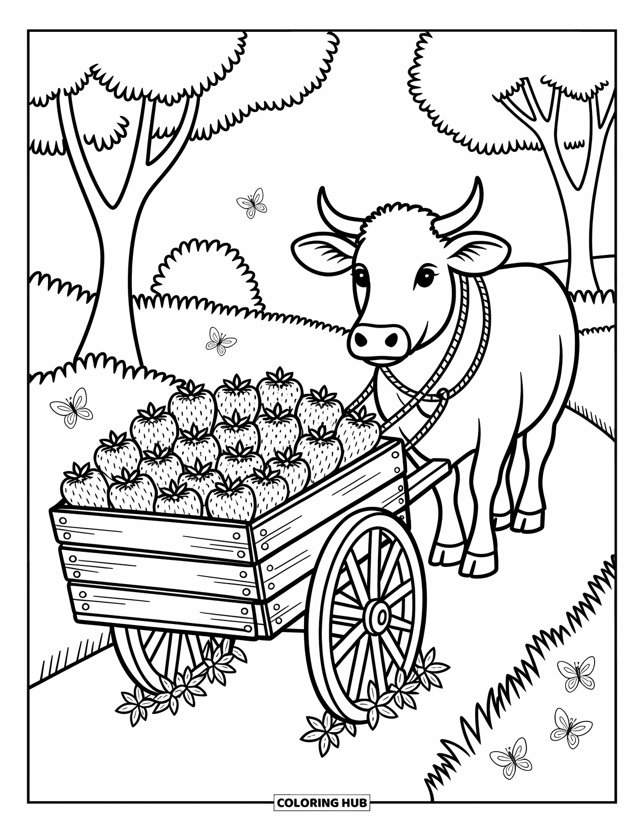 Strawberry Cow Coloring Page for Adults: Cow with a rope harness pulling a cart of strawberries and vines