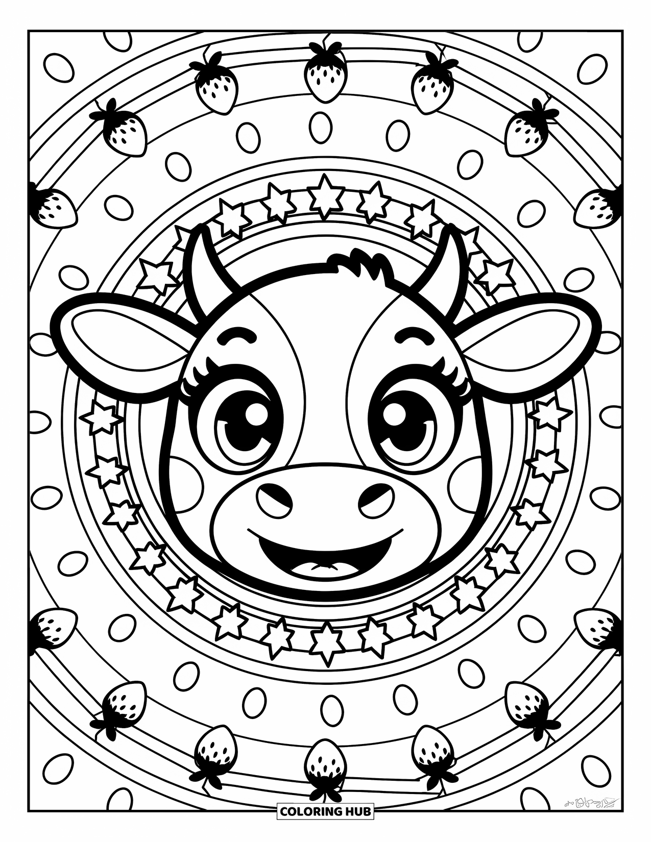 Strawberry Cow Coloring Page for Adults: Kawaii cow face framed by strawberries, petals, and stars