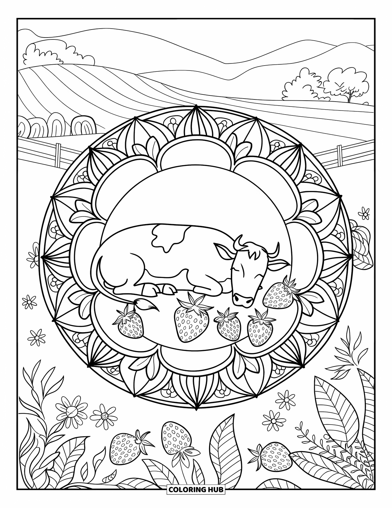 Strawberry Cow Coloring Page for Adults: Sleeping cow in a mandala framed by hills, trees, and a fence
