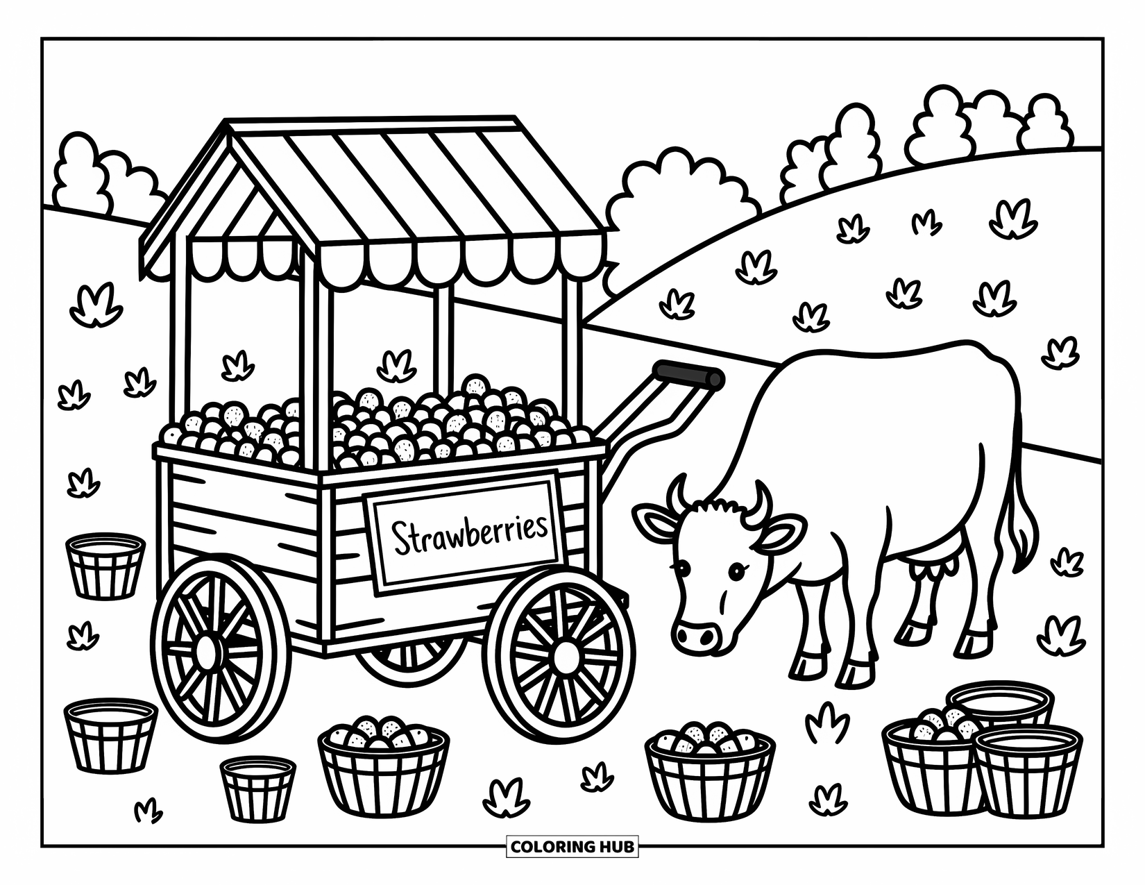 Strawberry Cow Coloring Page for Adults: Strawberry cart with buckets and baskets beside a peaceful cow