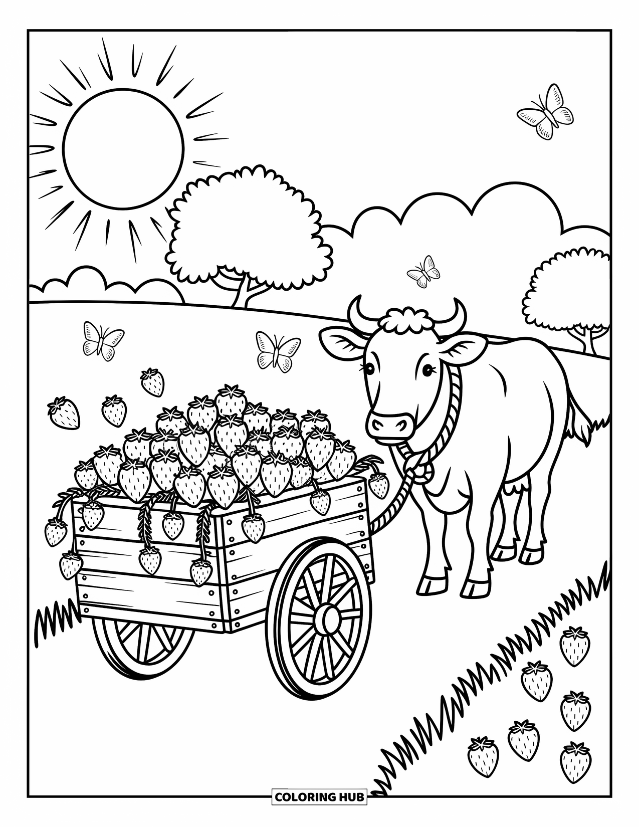 Strawberry Cow Coloring Page for Adults: Strawberry-filled cart pulled by a cow along a sunlit countryside path