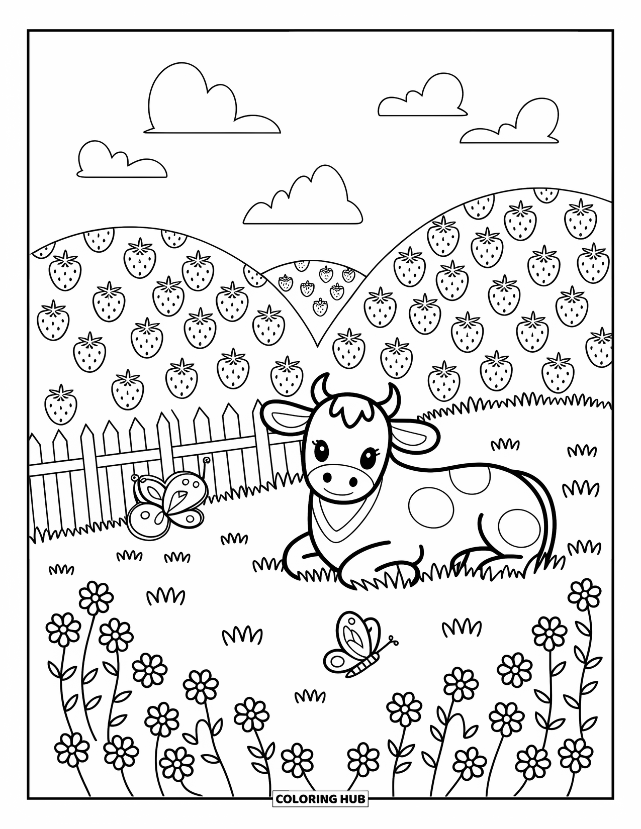 Strawberry Cow Coloring Page for Adults: Strawberry-filled hills with a cow sitting peacefully by the fence