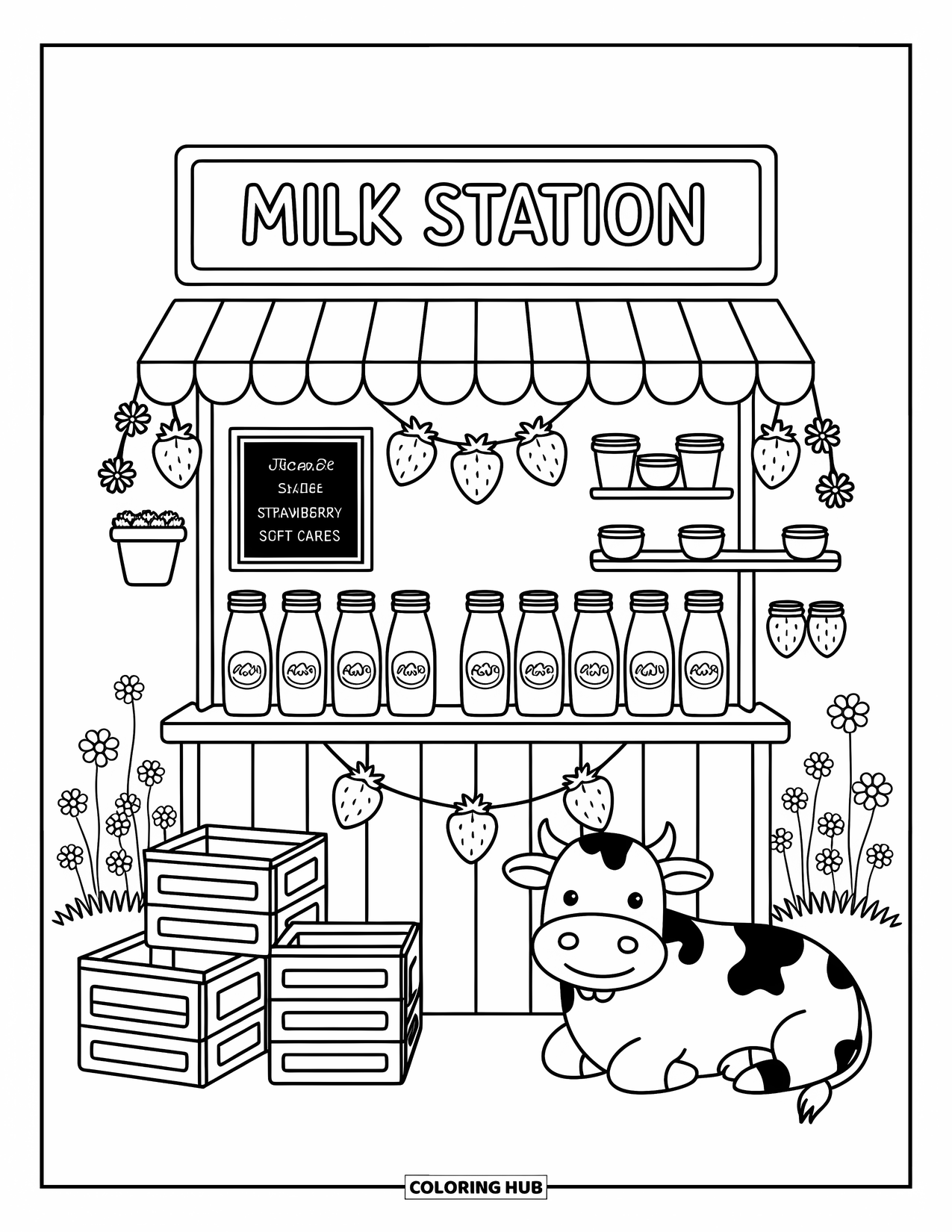 Strawberry Cow Coloring Page for Adults: Strawberry milk kiosk decorated with motifs and jars, with a cow resting nearby
