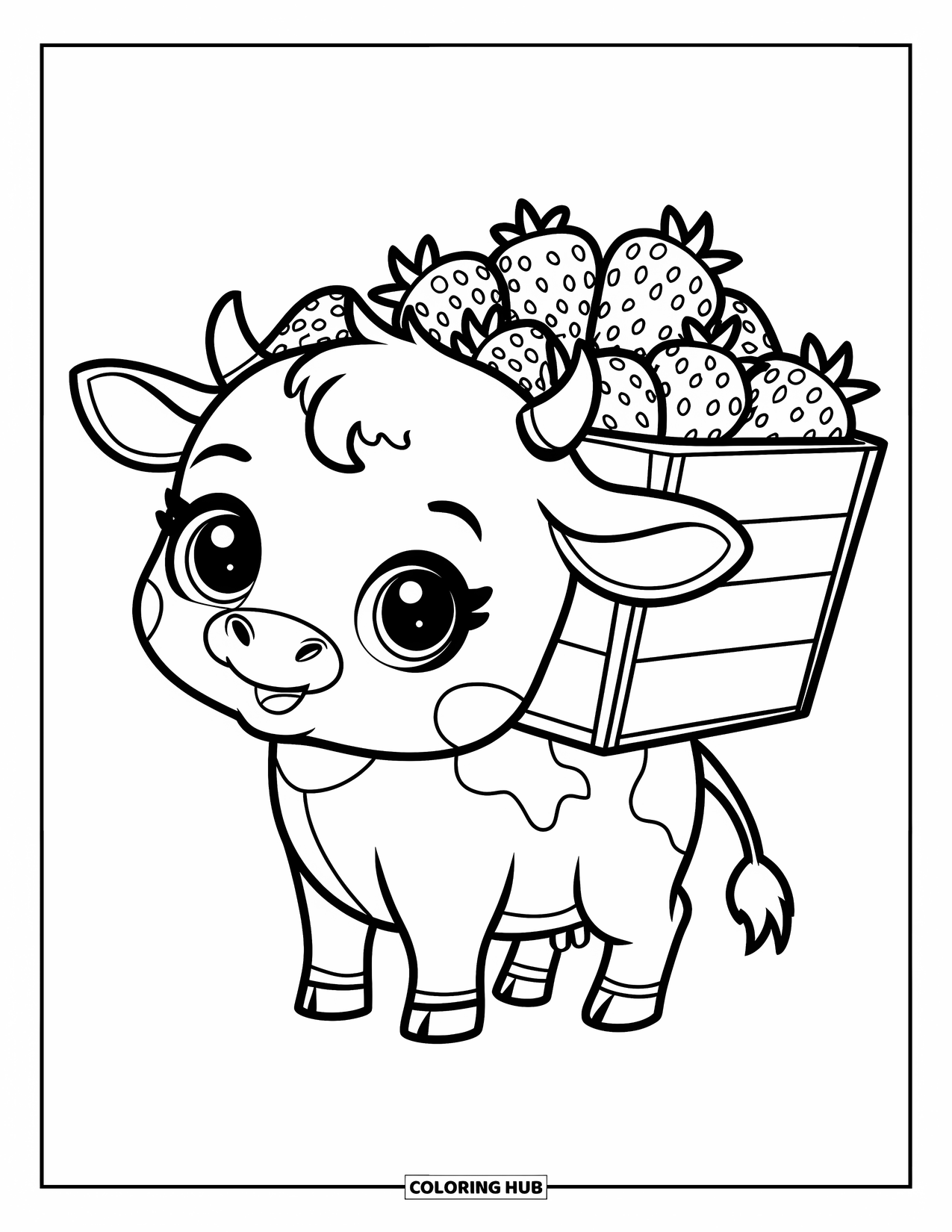 Strawberry Cow Coloring Page for Kids: Baby cow carrying a wooden box filled with strawberries