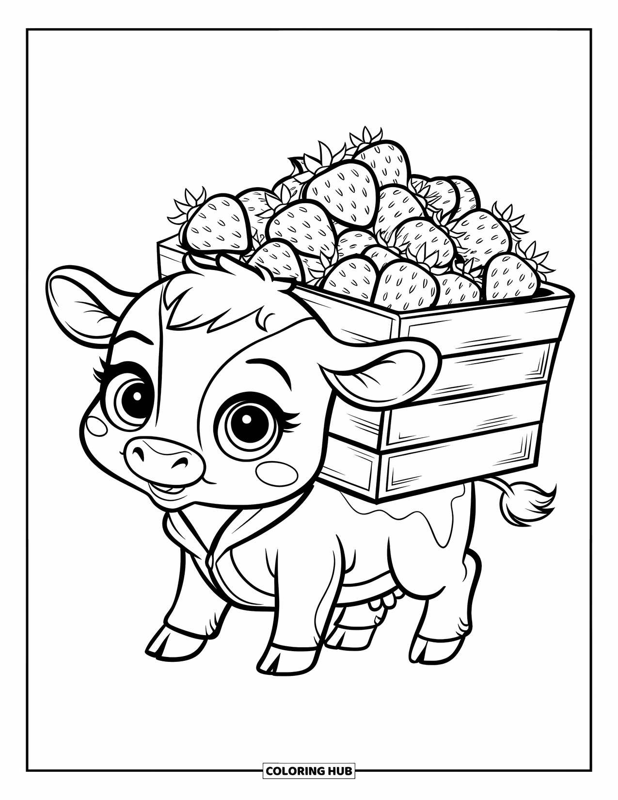 Strawberry Cow Coloring Page for Kids: Baby cow with wooden box of strawberries balanced on its back