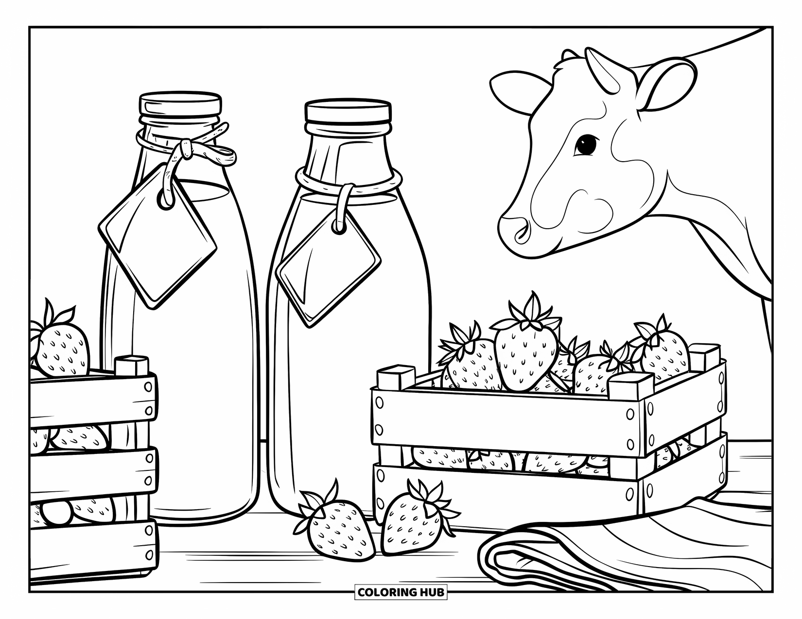 Strawberry Cow Coloring Page for Kids: Classic milk bottles and strawberry crates with a folded tea towel and cow outline