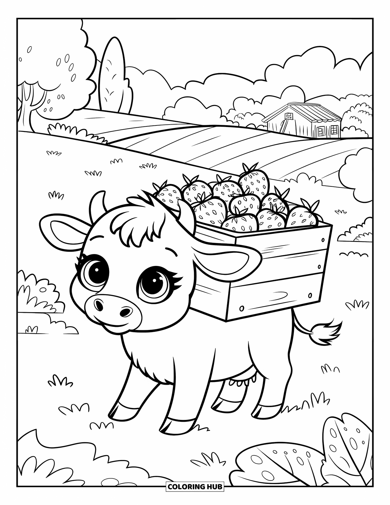 Strawberry Cow Coloring Page for Kids: Cow carrying a box of strawberries across a country field