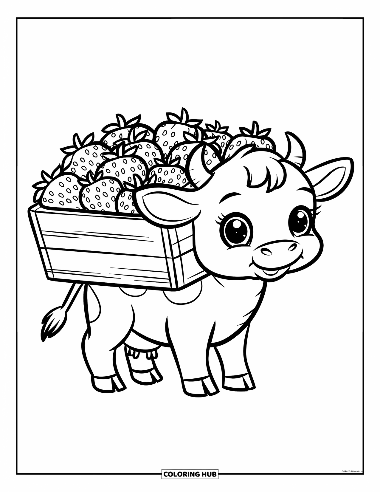 Strawberry Cow Coloring Page for Kids: Cow carrying strawberries in a wooden box on its back