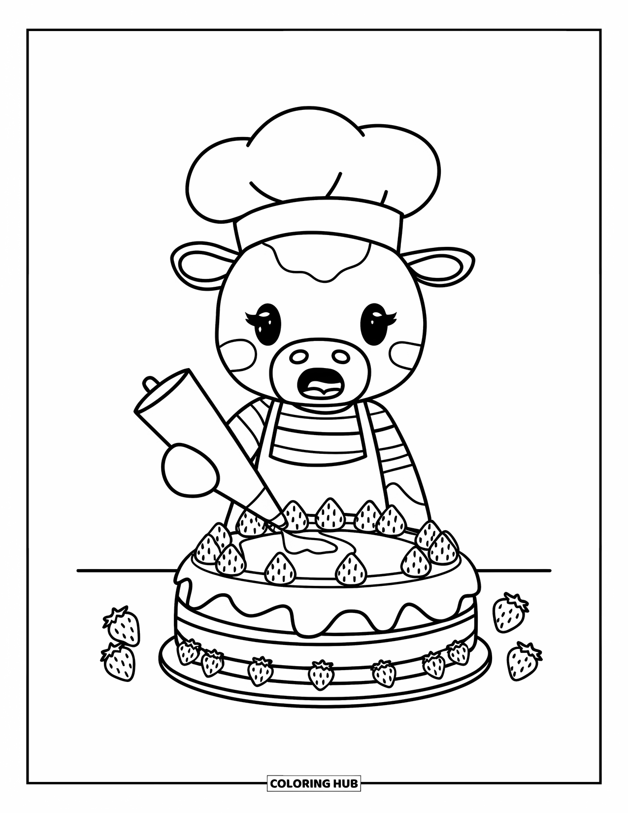 Strawberry Cow Coloring Page for Kids: Cow chef in striped shirt adding cream to a strawberry cake