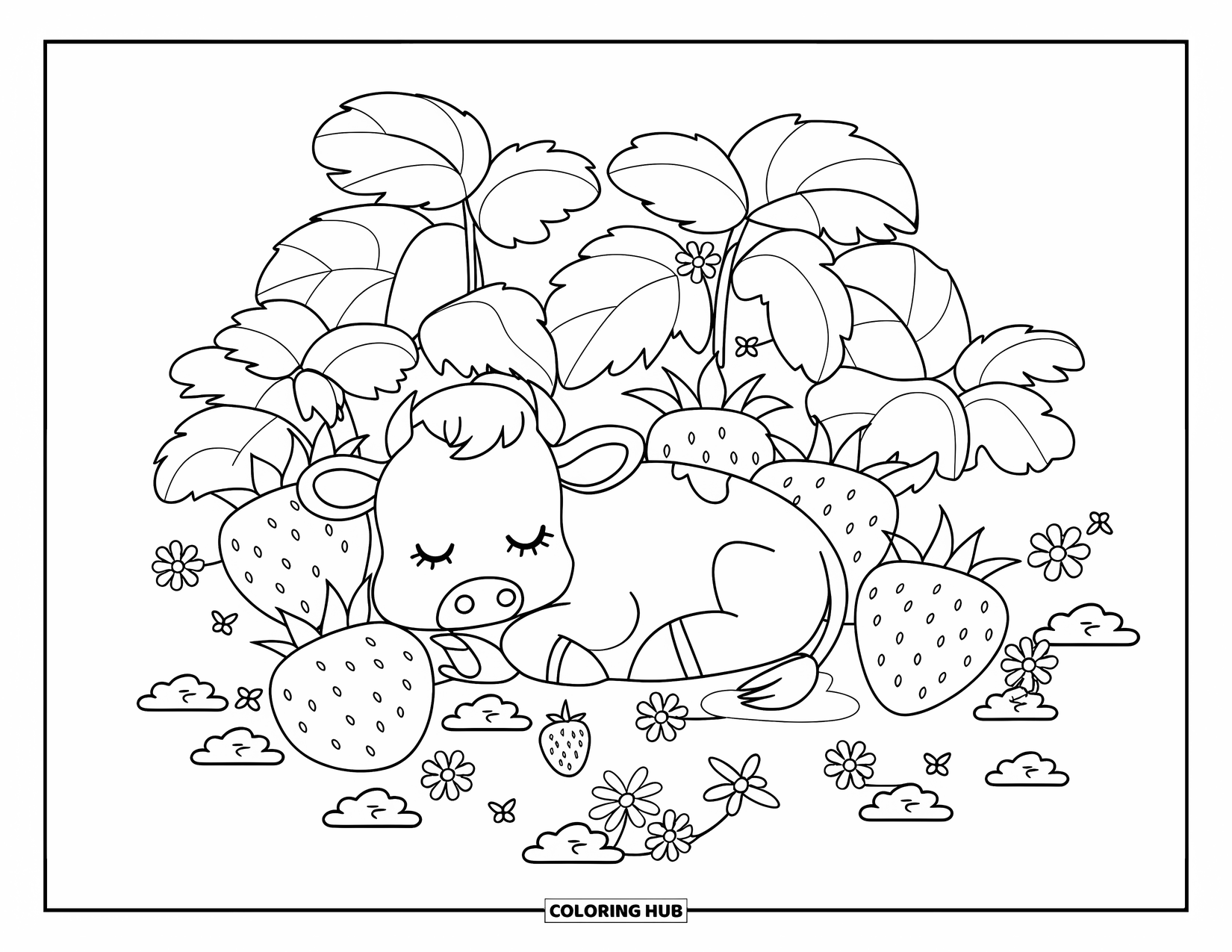 Strawberry Cow Coloring Page for Kids: Cow cozily tucked between strawberry vines with flowers and clovers