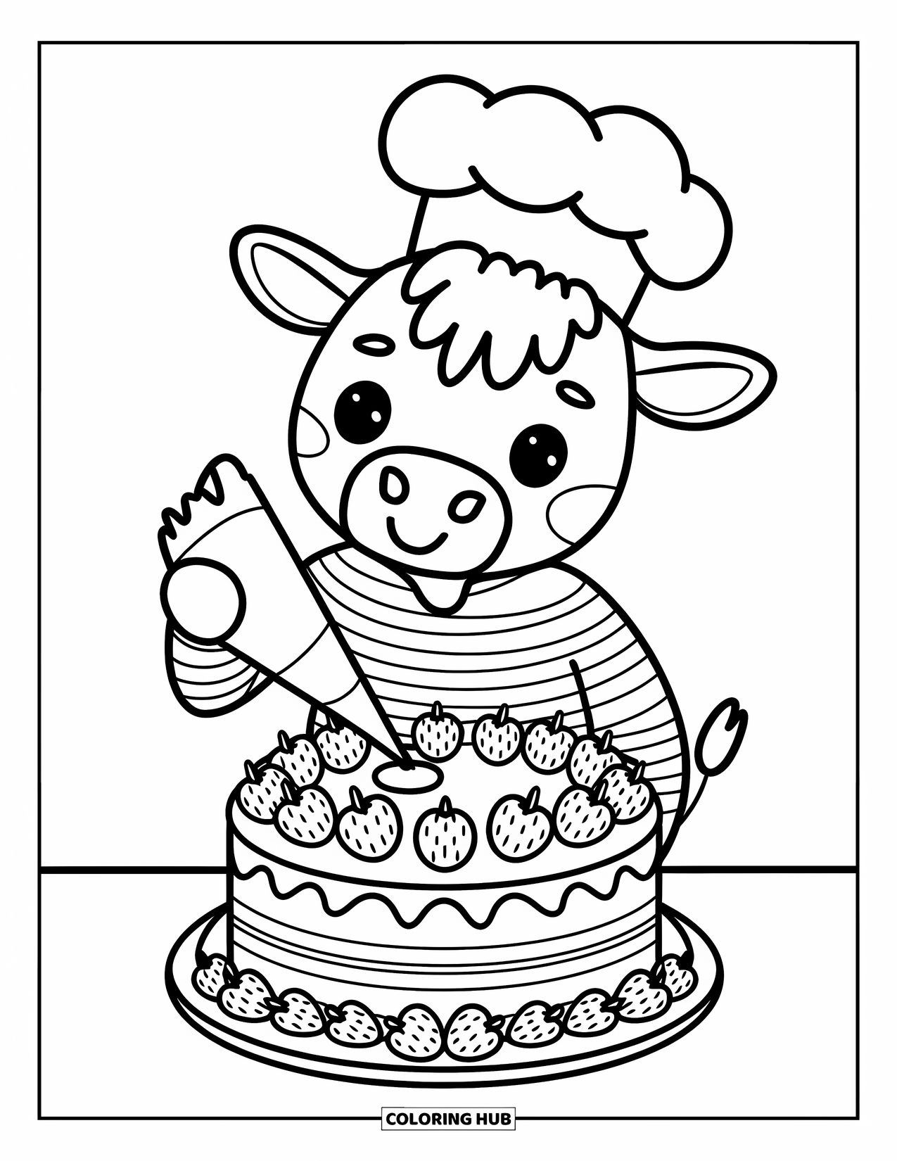 Strawberry Cow Coloring Page for Kids: Cow in a chef's hat decorating a strawberry cake on a stand