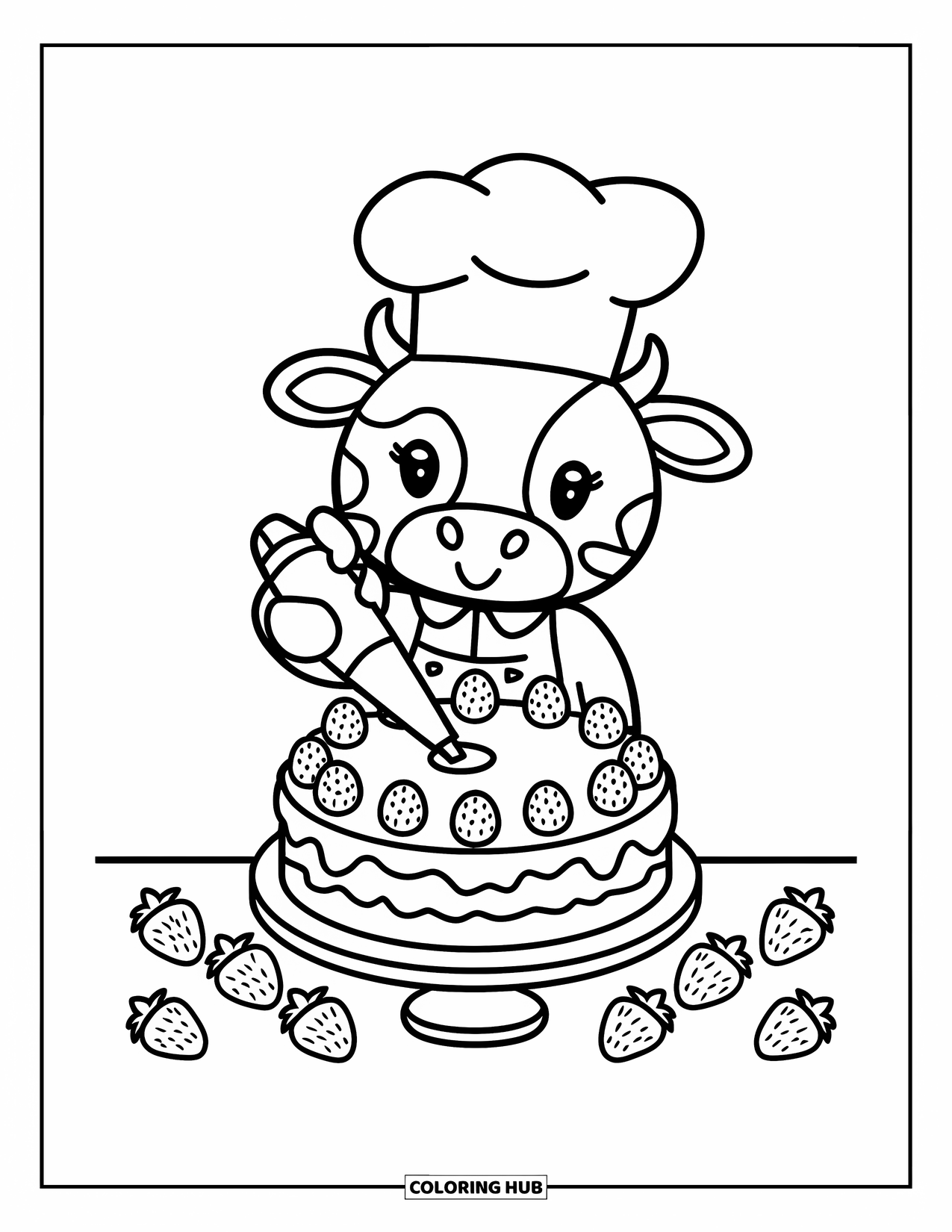 Strawberry Cow Coloring Page for Kids: Cow in chef's uniform frosting a strawberry cake surrounded by berries