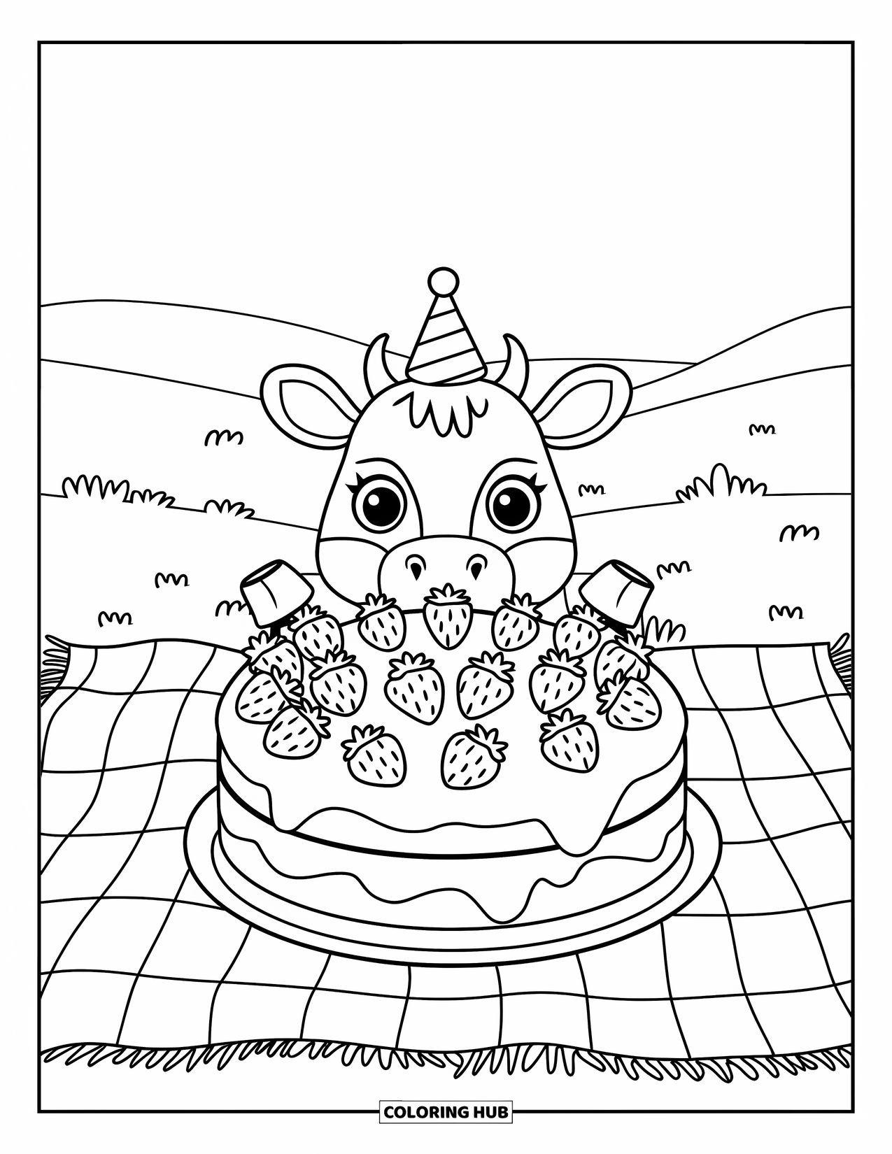 Strawberry Cow Coloring Page for Kids: Cow in party hat peeking behind a layered strawberry cake