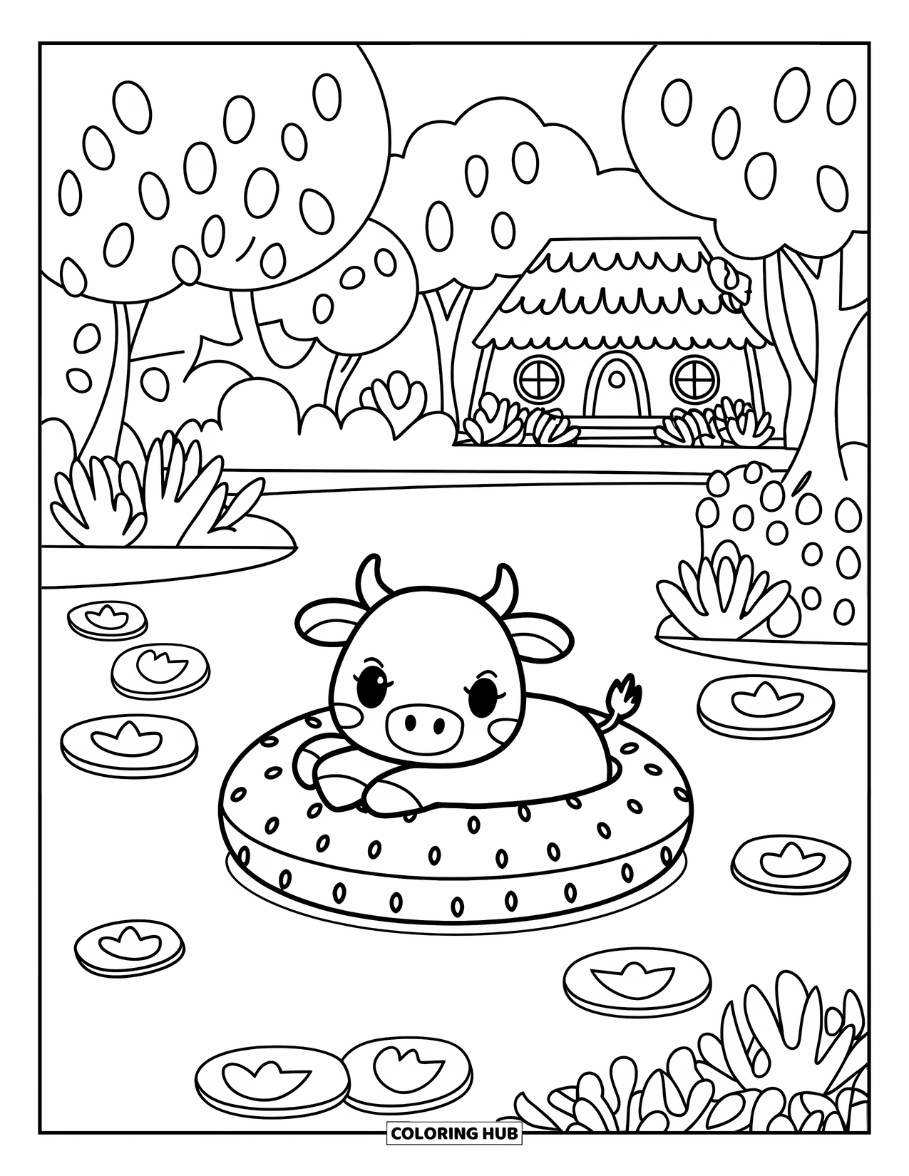 Strawberry Cow Coloring Page for Kids: Cow lounging on a strawberry float among heart-shaped lily pads