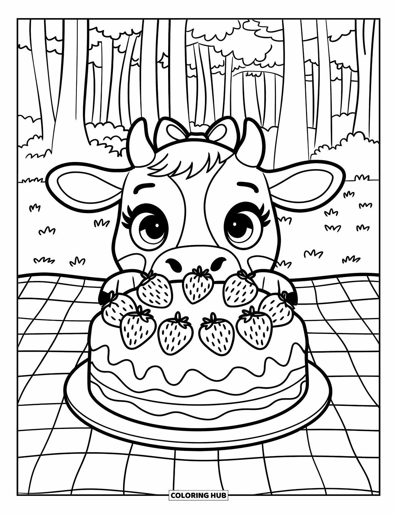 Strawberry Cow Coloring Page for Kids: Cow peeking from behind a strawberry cake on a picnic blanket