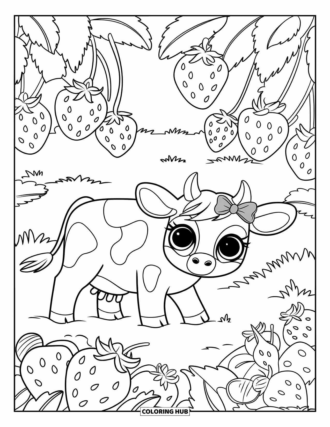 Strawberry Cow Coloring Page for Kids: Cute cow wandering through strawberries with a pink bow