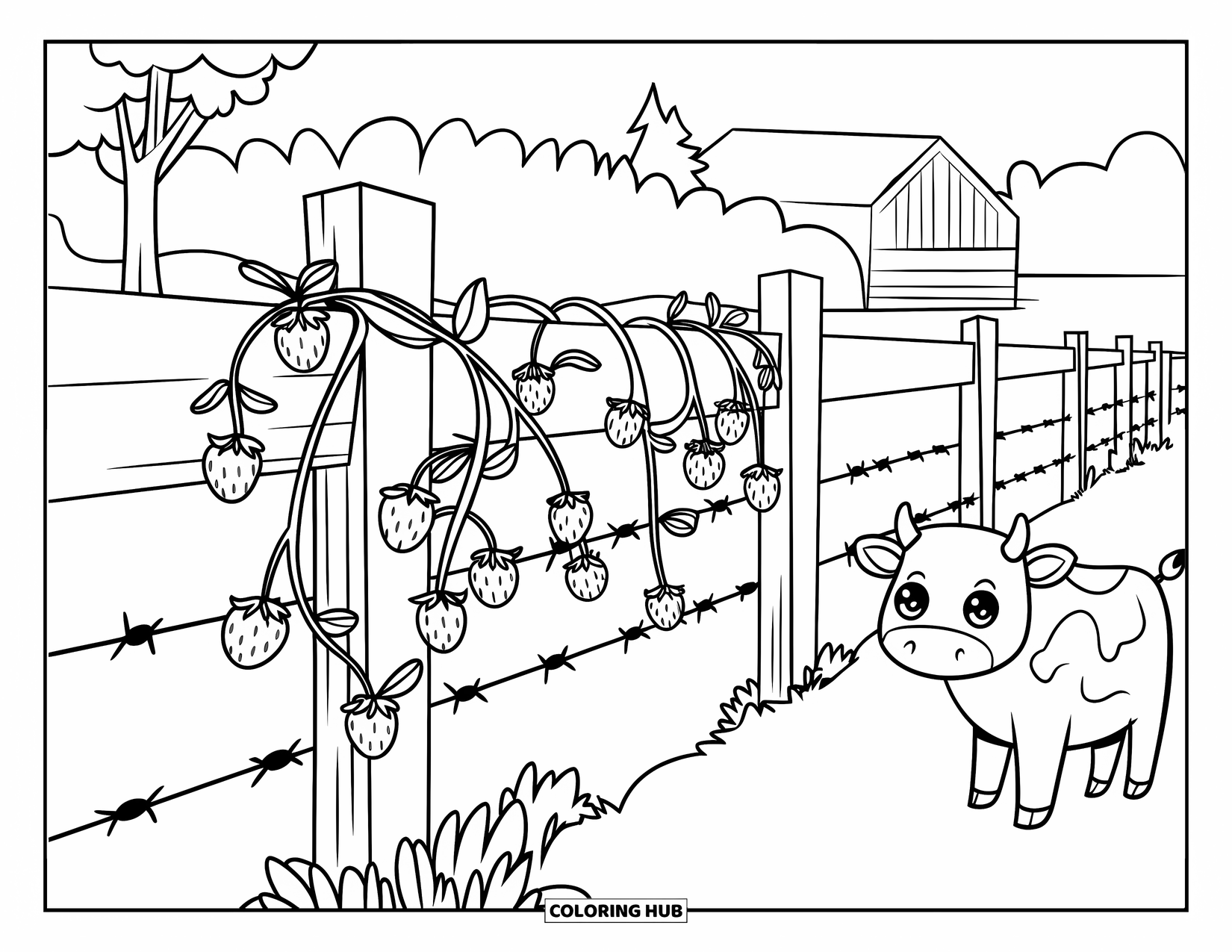 Strawberry Cow Coloring Page for Kids: Fence covered in strawberry vines with a cow standing nearby