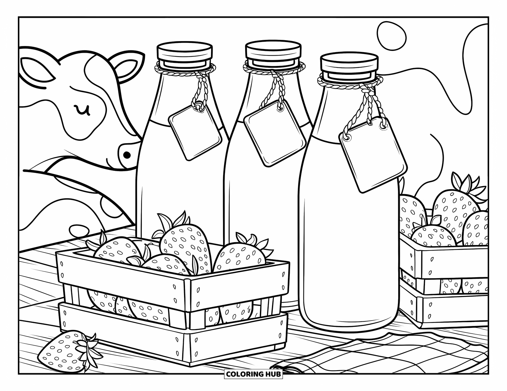 Strawberry Cow Coloring Page for Kids: Milk bottles and strawberries on a wooden surface with a cow silhouette nearby