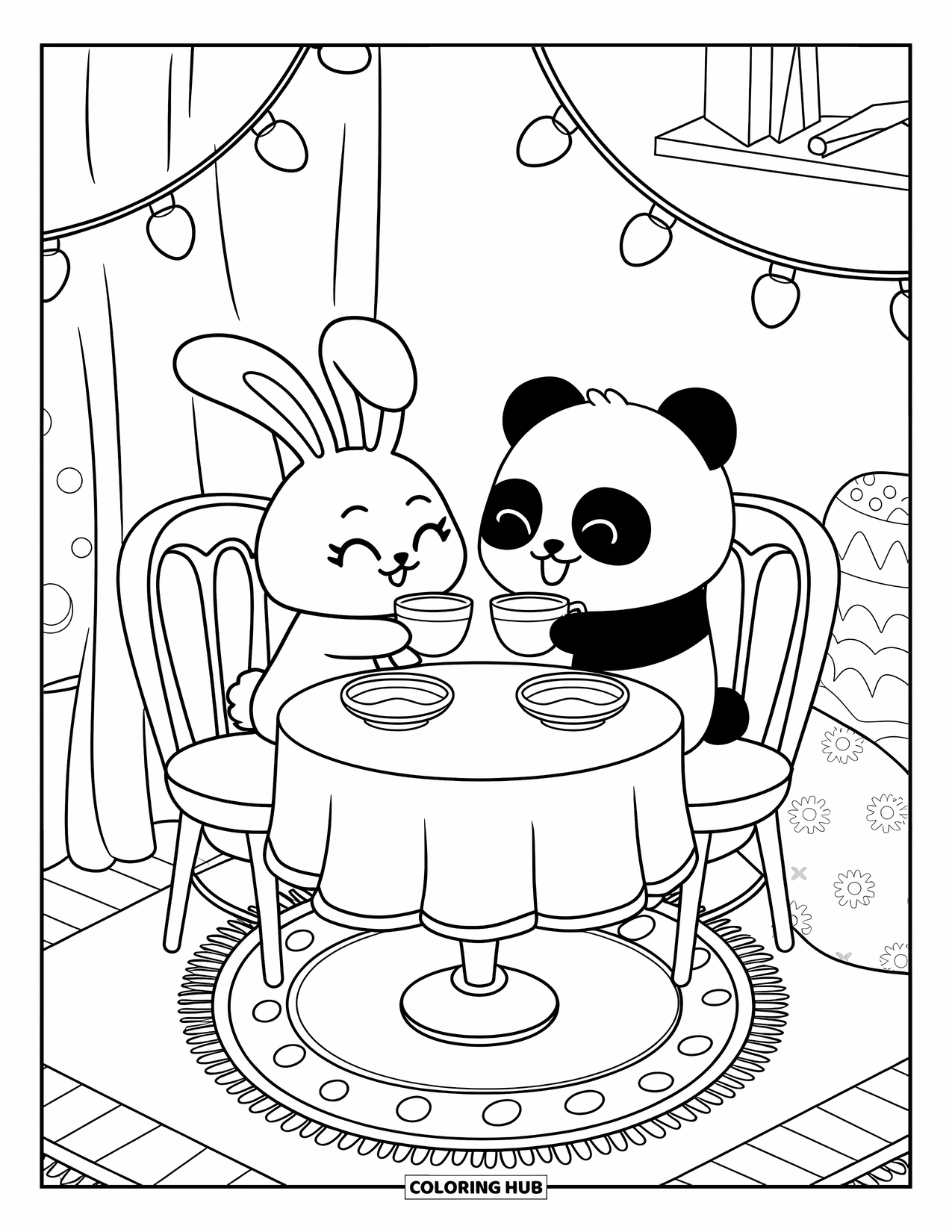Tea Party Coloring Page for Adults: A bunny and panda clink teacups at a cozy table with fairy lights