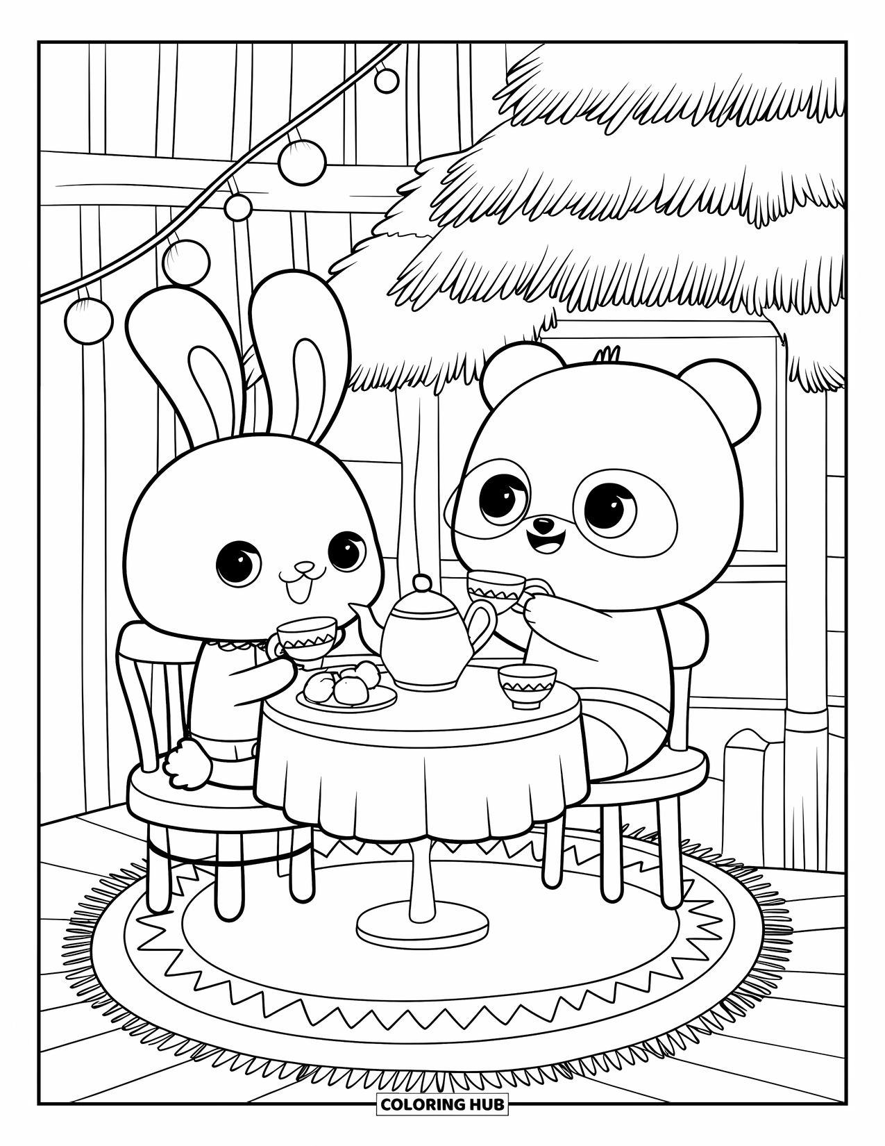 Tea Party Coloring Page for Adults: A bunny and panda enjoy tea together at a round table with fairy lights