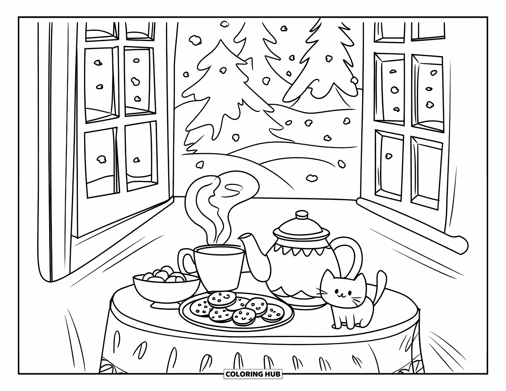 Tea Party Coloring Page for Adults: A cat rests by the teapot in a cozy window nook with cookies and tea