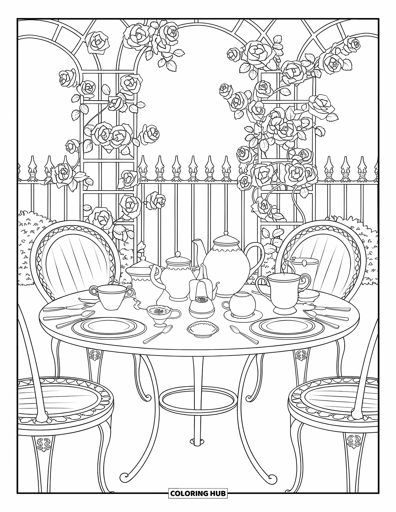 Tea Party Coloring Page for Adults: A garden tea party with roses, a wrought-iron table, and fancy tea sets