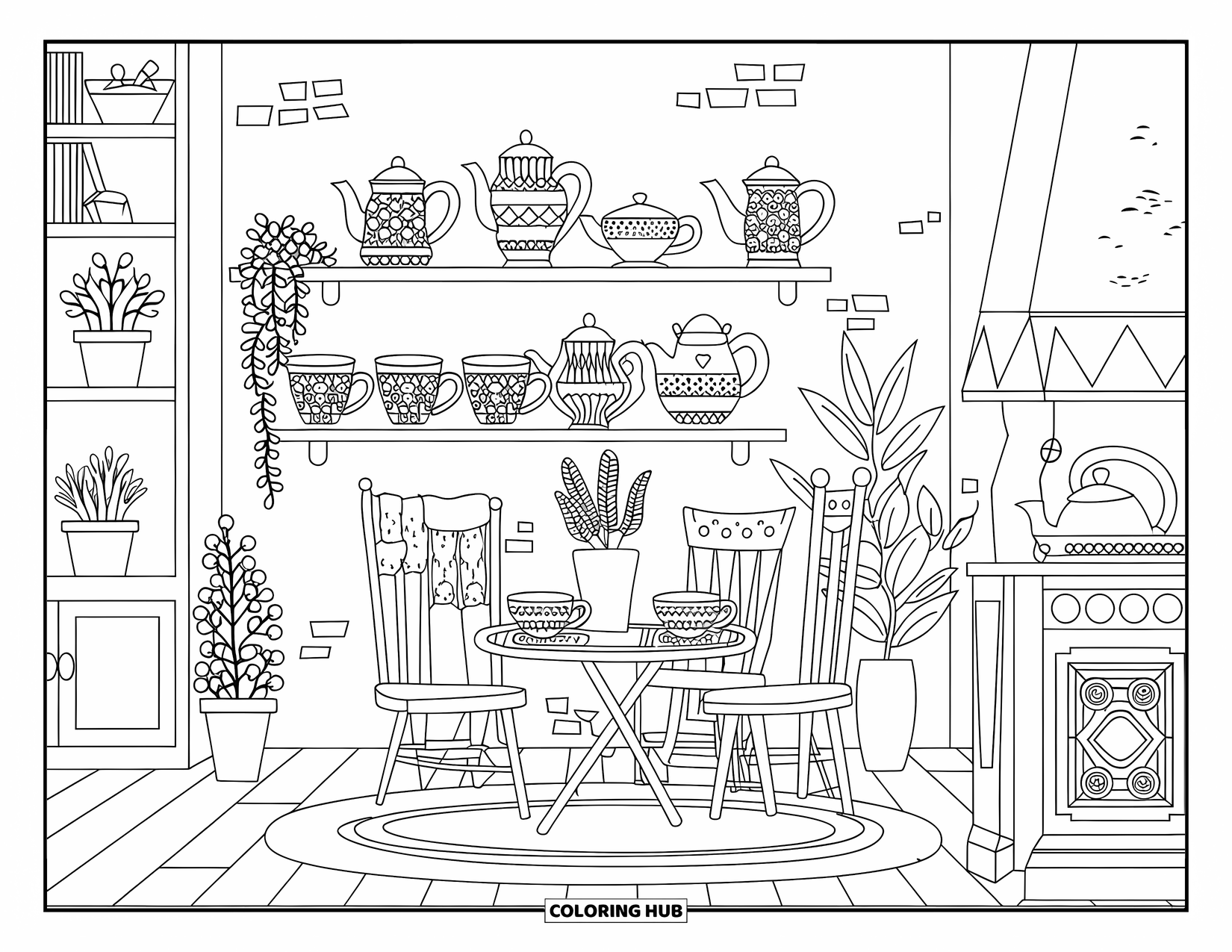 Tea Party Coloring Page for Adults: A rustic tea nook with shelves of teapots, wooden furniture, and potted plants