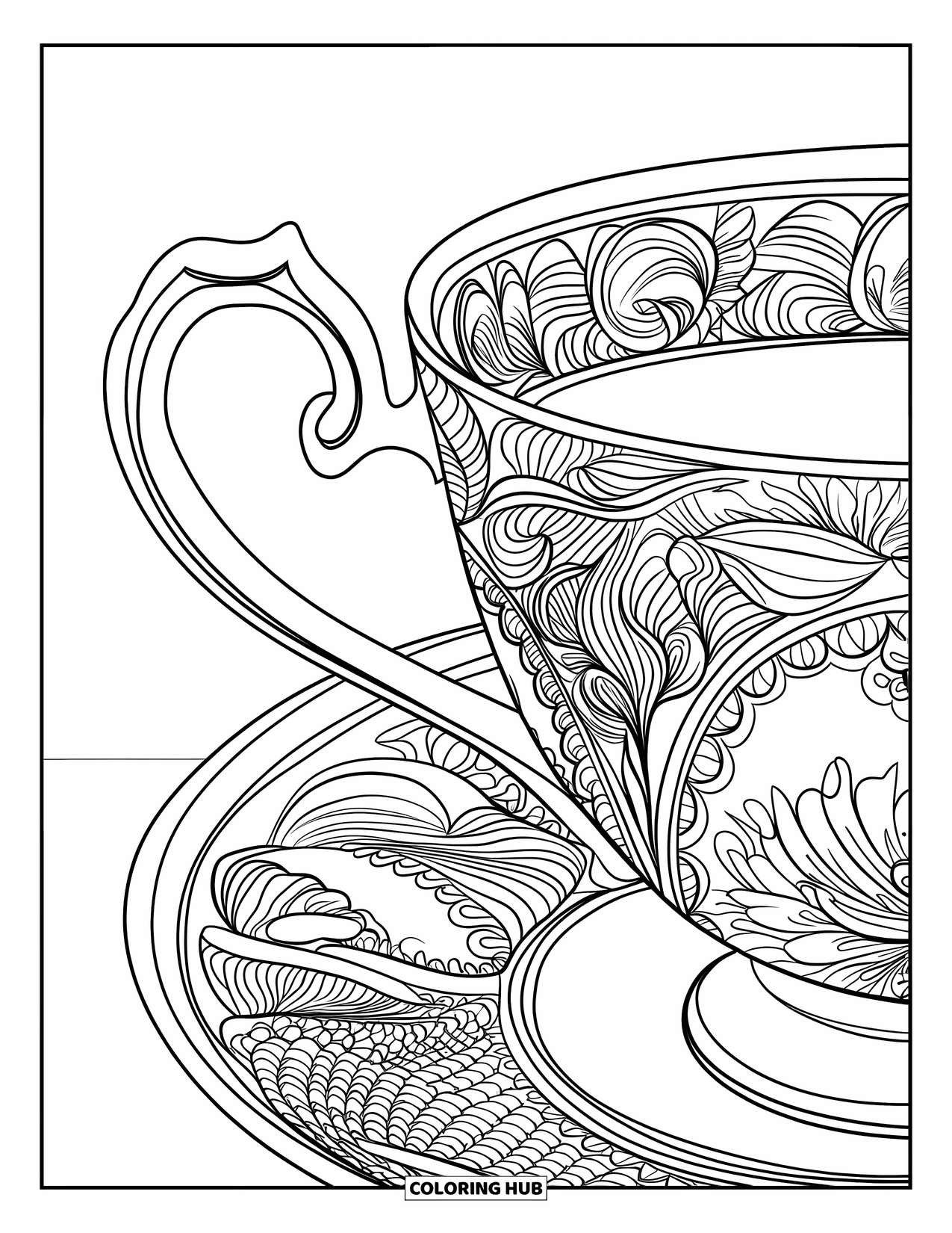 Tea Party Coloring Page for Adults: A teacup with filigree patterns rests on a saucer with floral detail