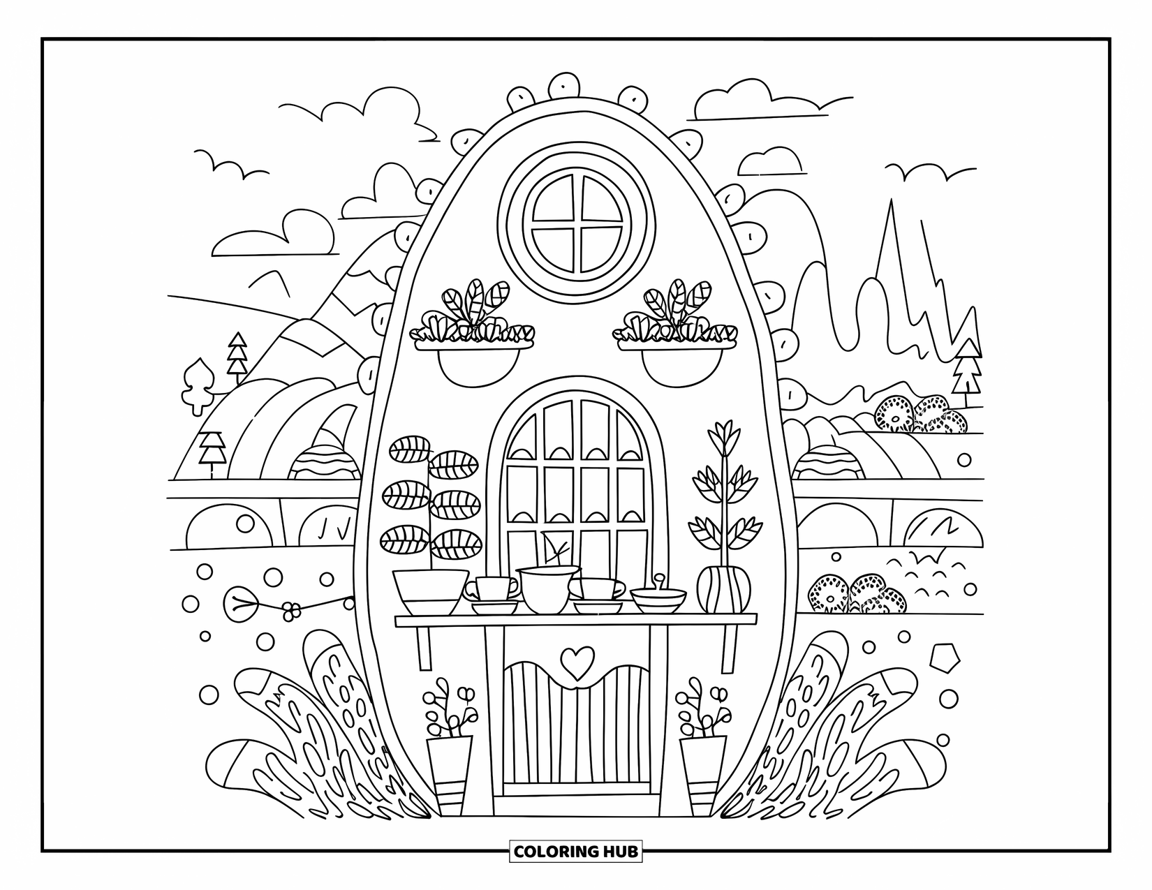 Tea Party Coloring Page for Adults: A tiny tea house with potted plants and a peaceful landscape view