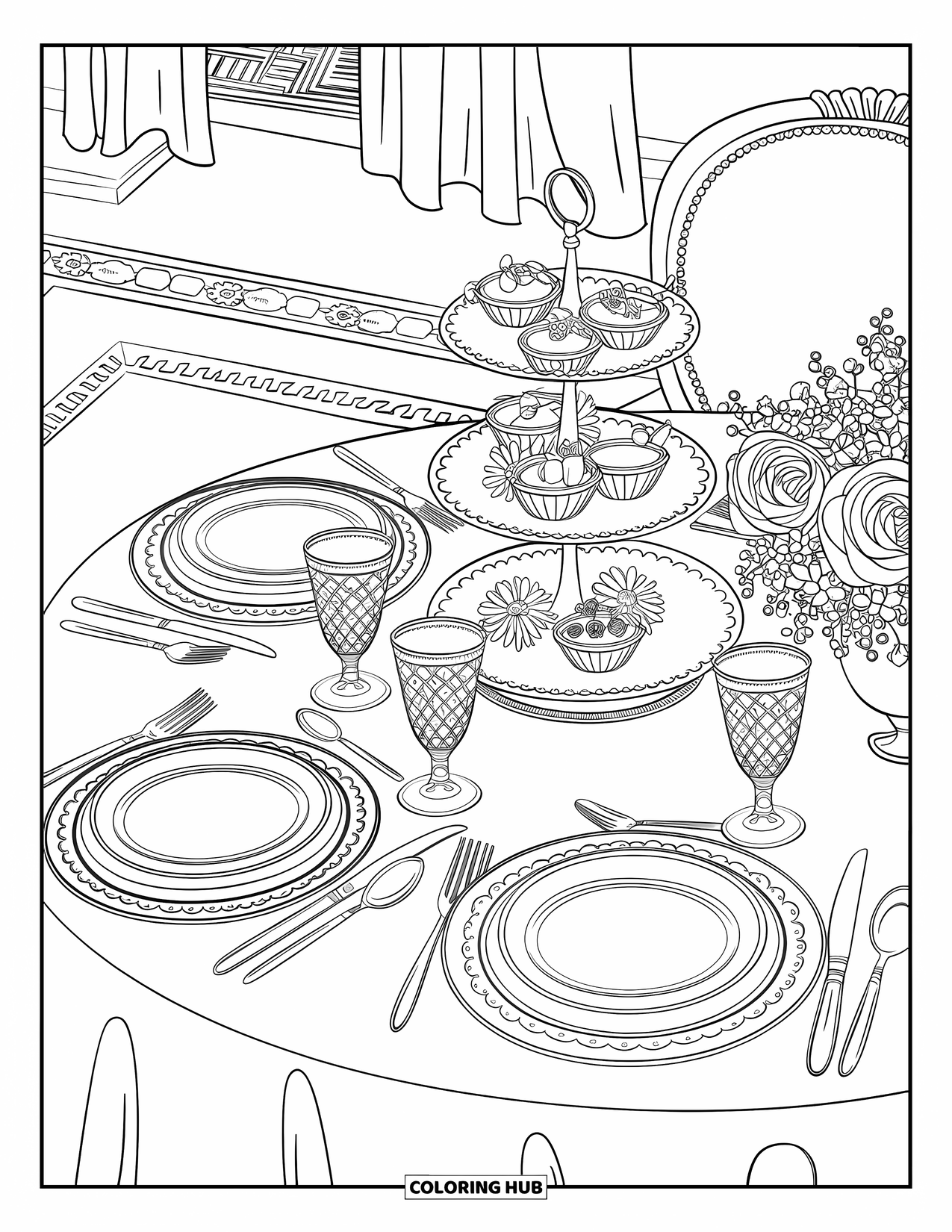 Tea Party Coloring Page for Adults: A Victorian tea table with elegant desserts, flowers, and detailed decor