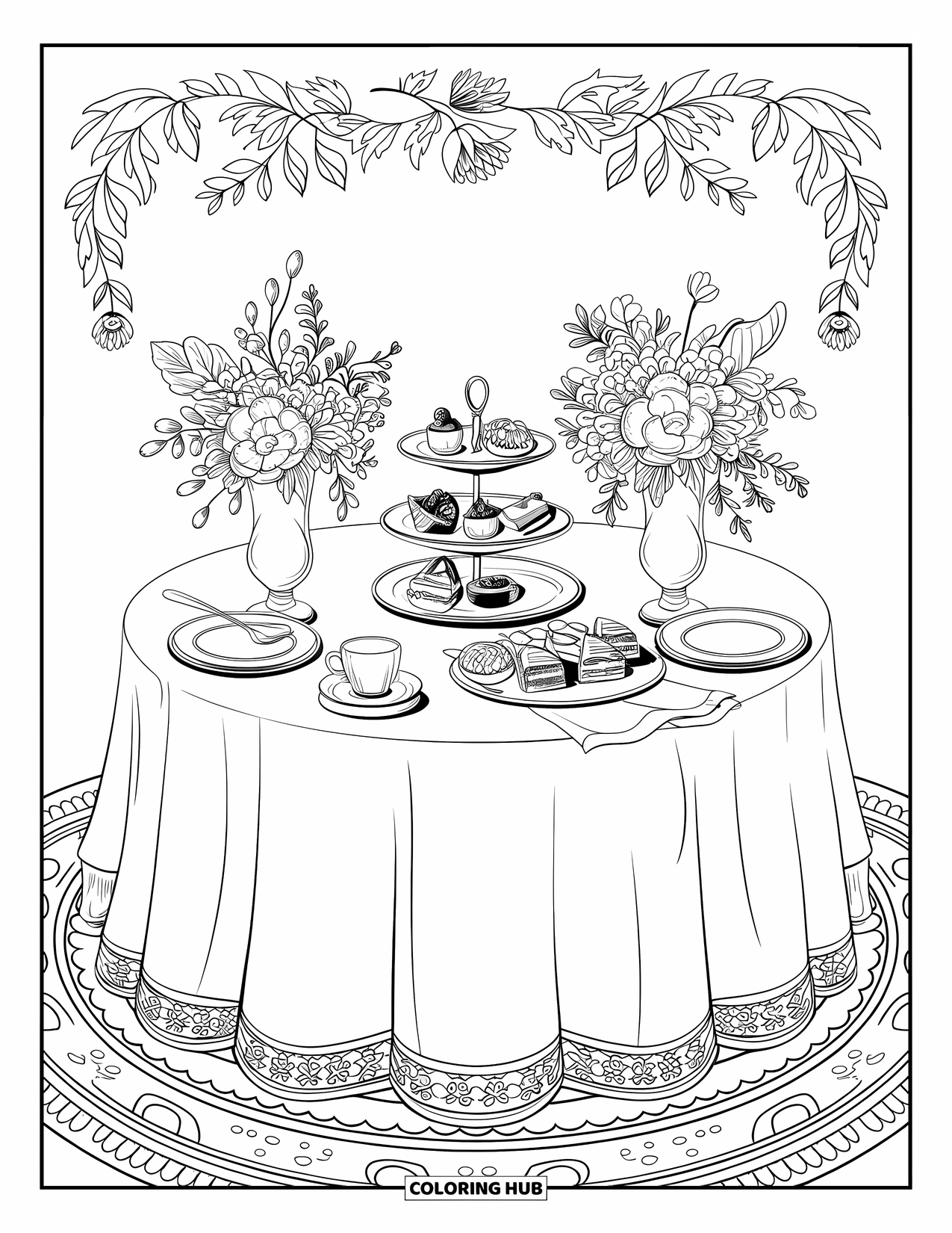 Tea Party Coloring Page for Adults: A Victorian tea table with tiered trays of desserts and floral decorations