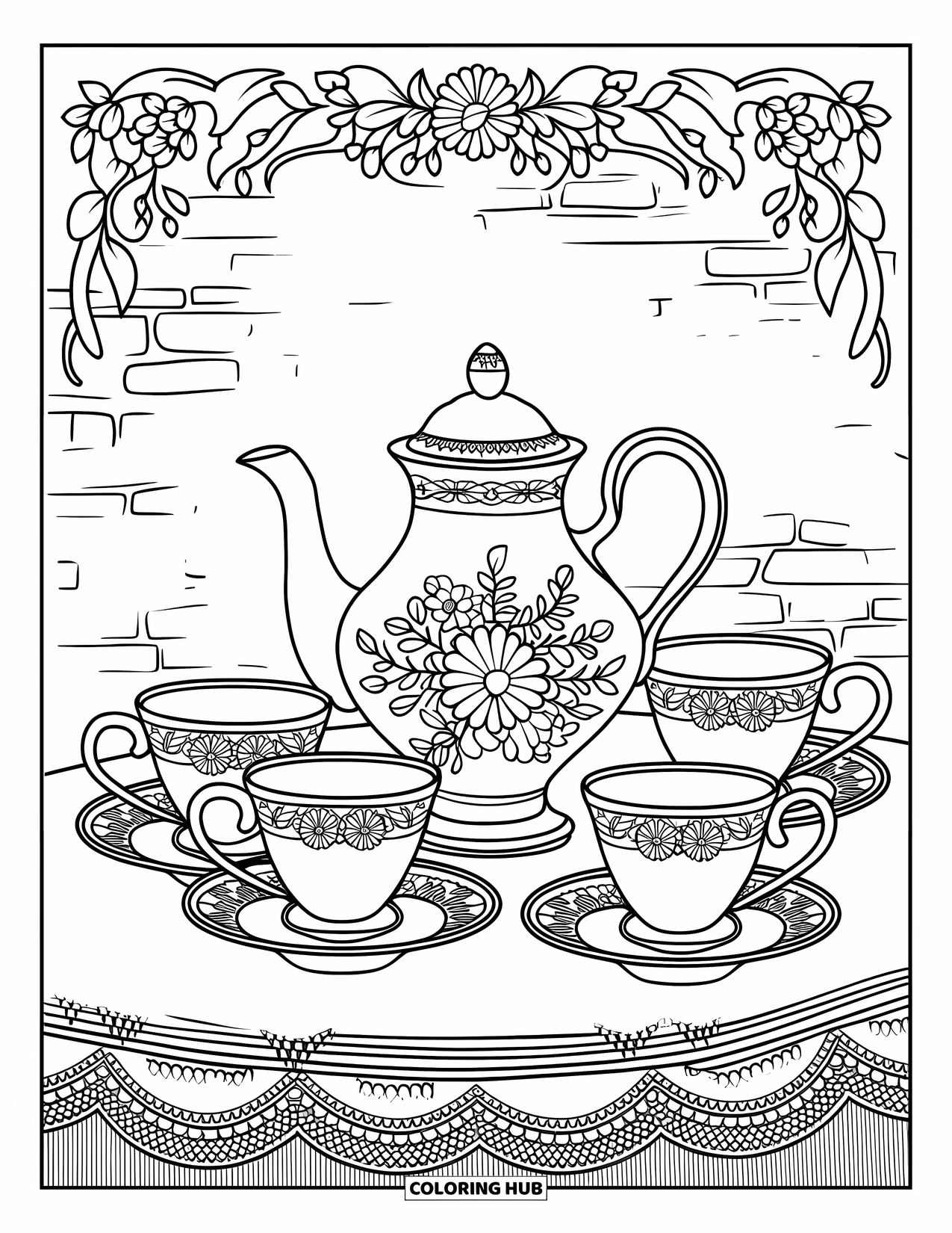 Tea Party Coloring Page for Adults: A vintage tea set with floral designs placed on a lace tablecloth