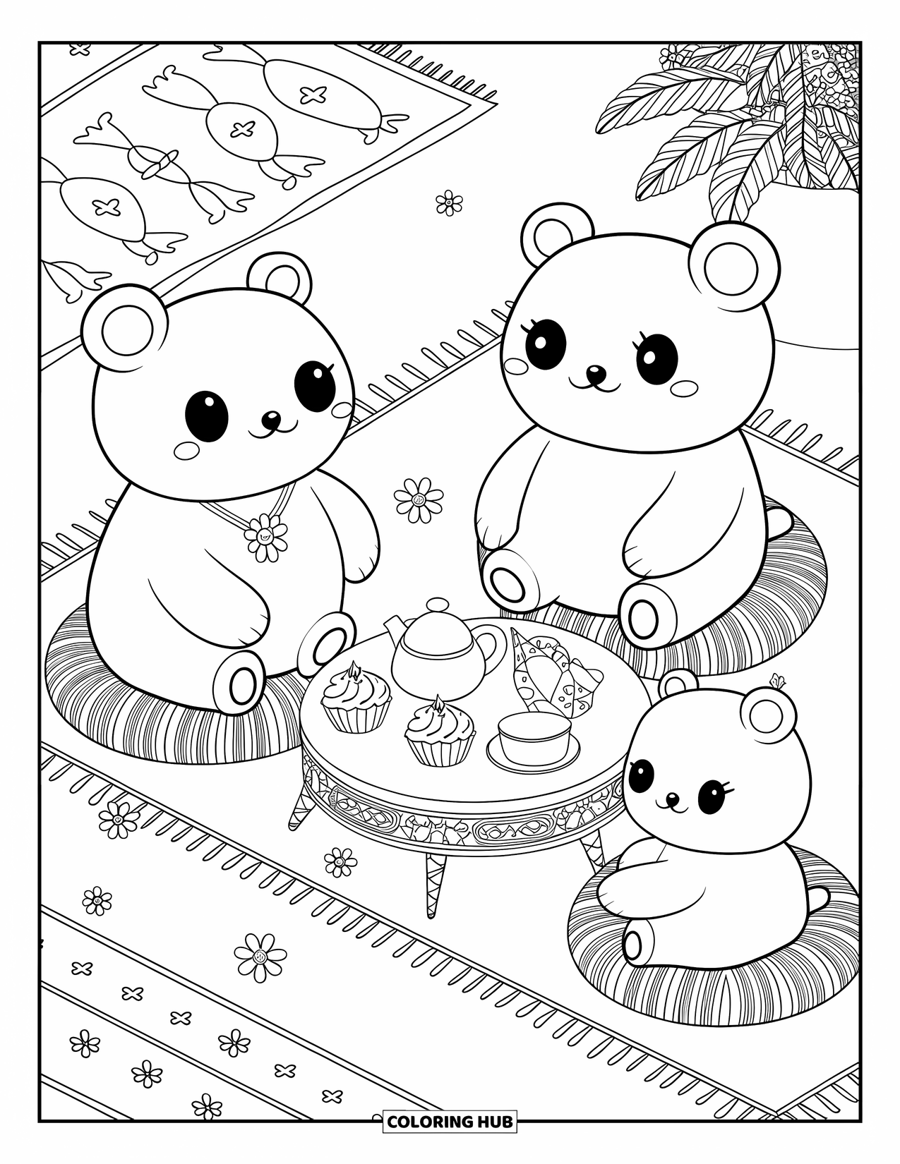 Tea Party Coloring Page for Adults: Bears with big eyes enjoy tea, cupcakes, and flowers in a cozy room