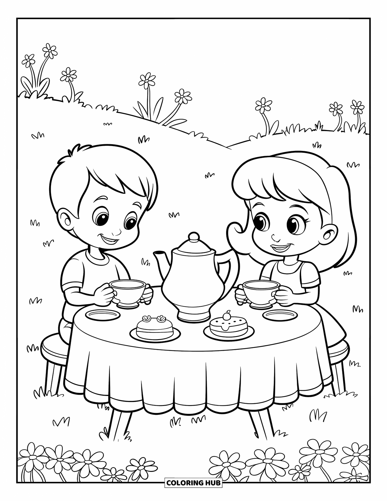 Tea Party Coloring Page for Kids: A boy and girl enjoy tea and cakes in a flower-filled field