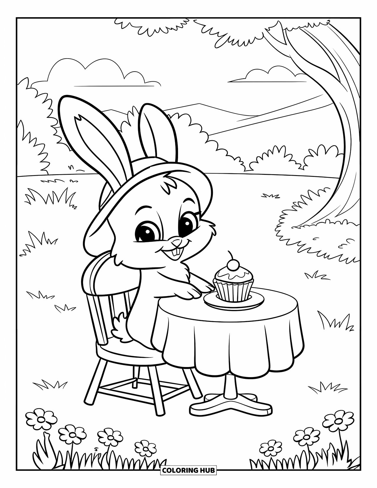 Tea Party Coloring Page for Kids: A bunny in a hat sits at a tea table with a cupcake in nature