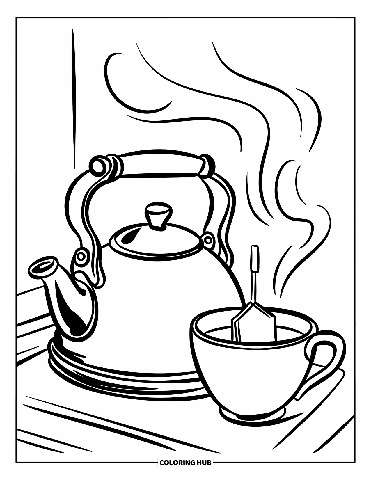 Tea Party Coloring Page for Kids: A kettle with steam and a cup beside it on a stove