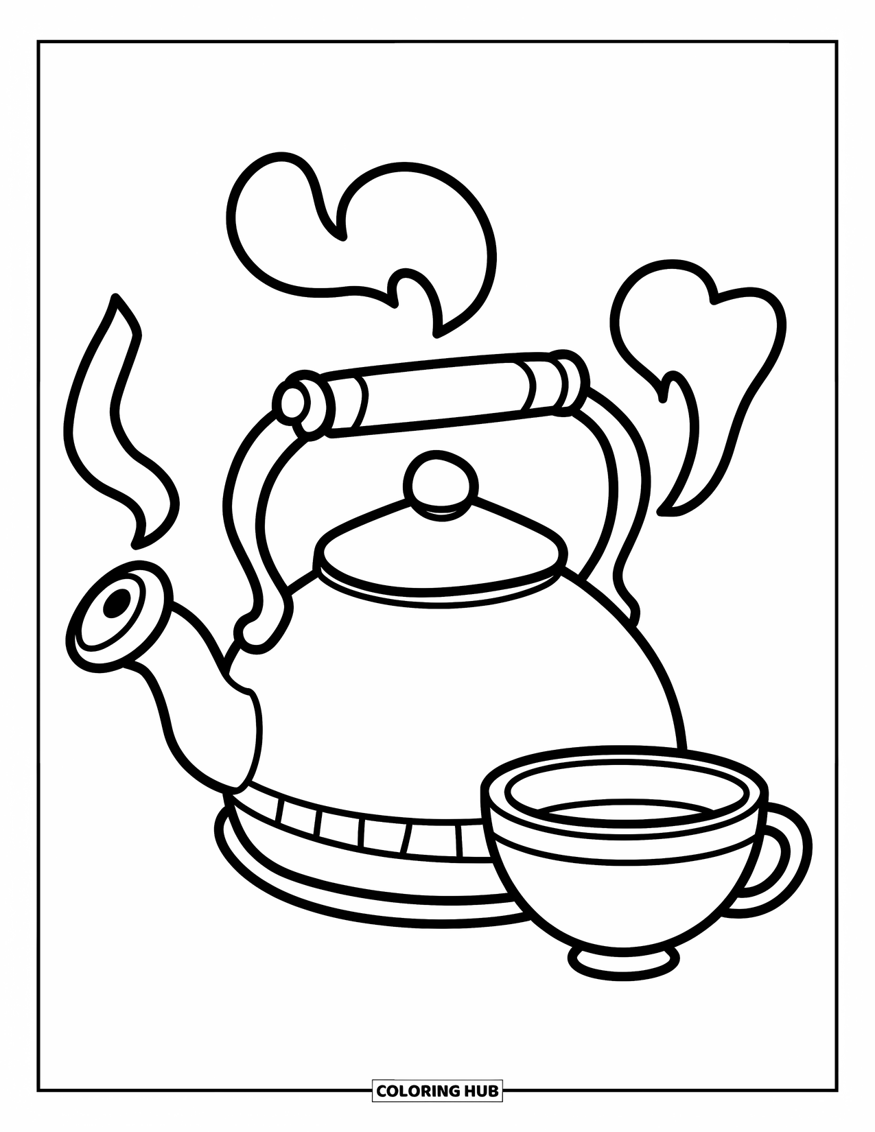 Tea Party Coloring Page for Kids: A kettle with steam and a cup drawn in a playful, easy style