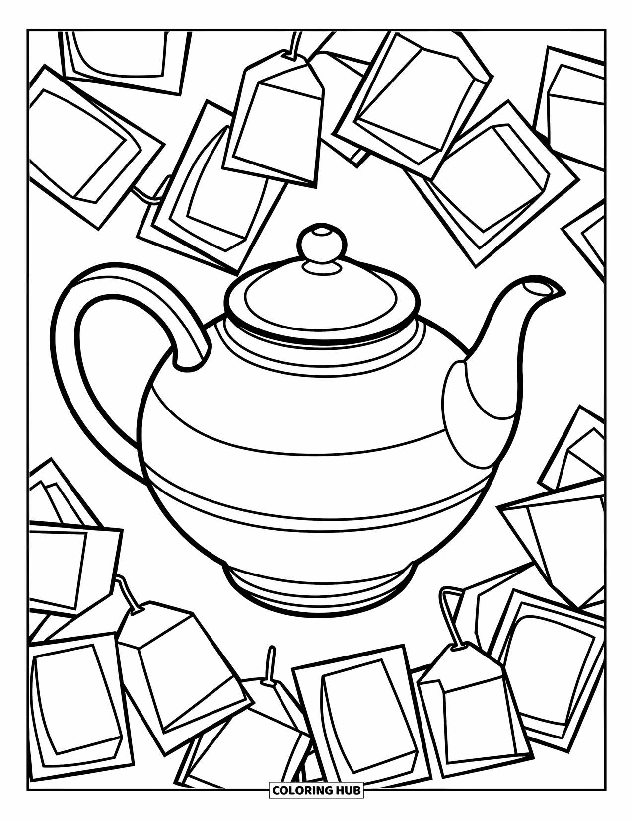 Tea Party Coloring Page for Kids: A large teapot sits surrounded by tea bags