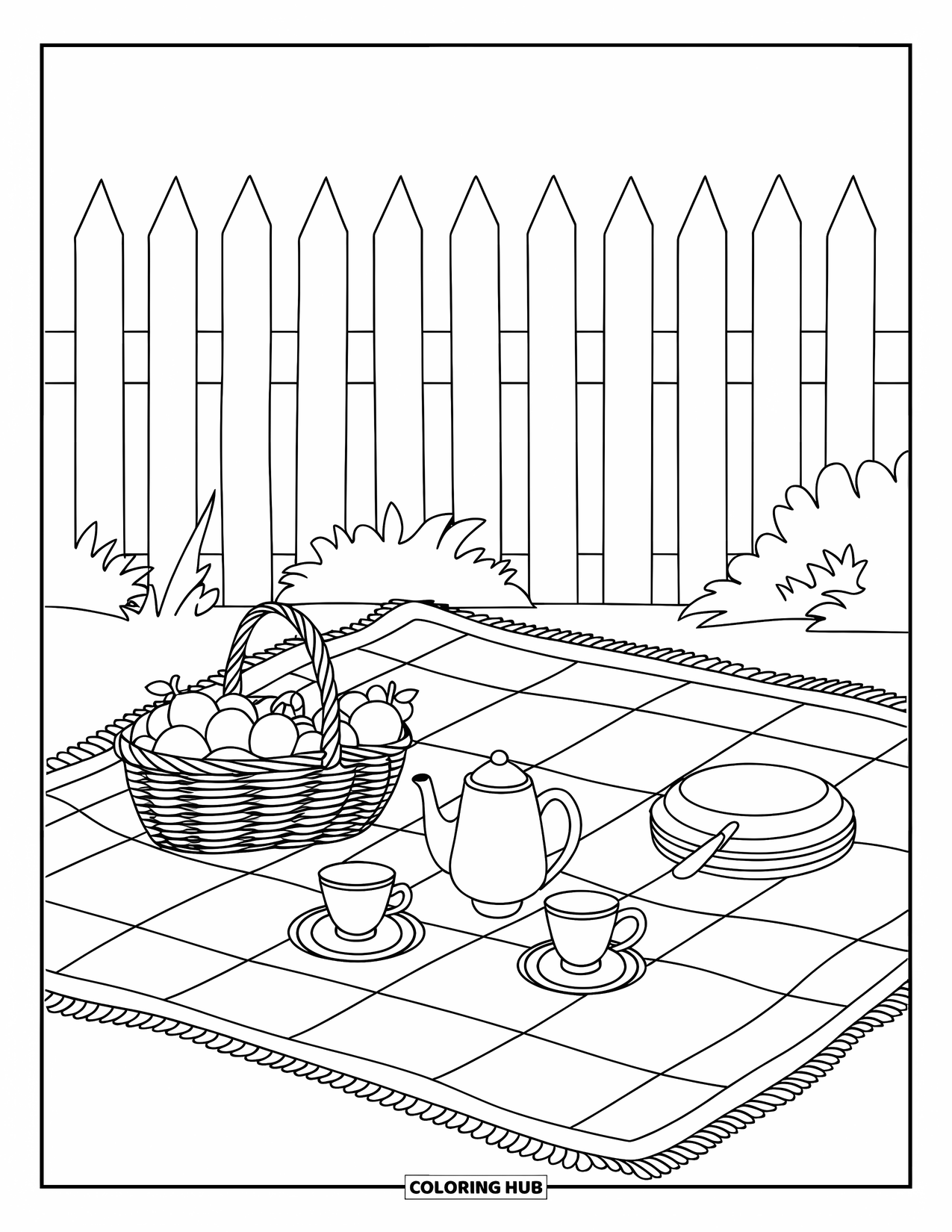 Tea Party Coloring Page for Kids: A picnic blanket with a tea set and a fruit basket by a fence