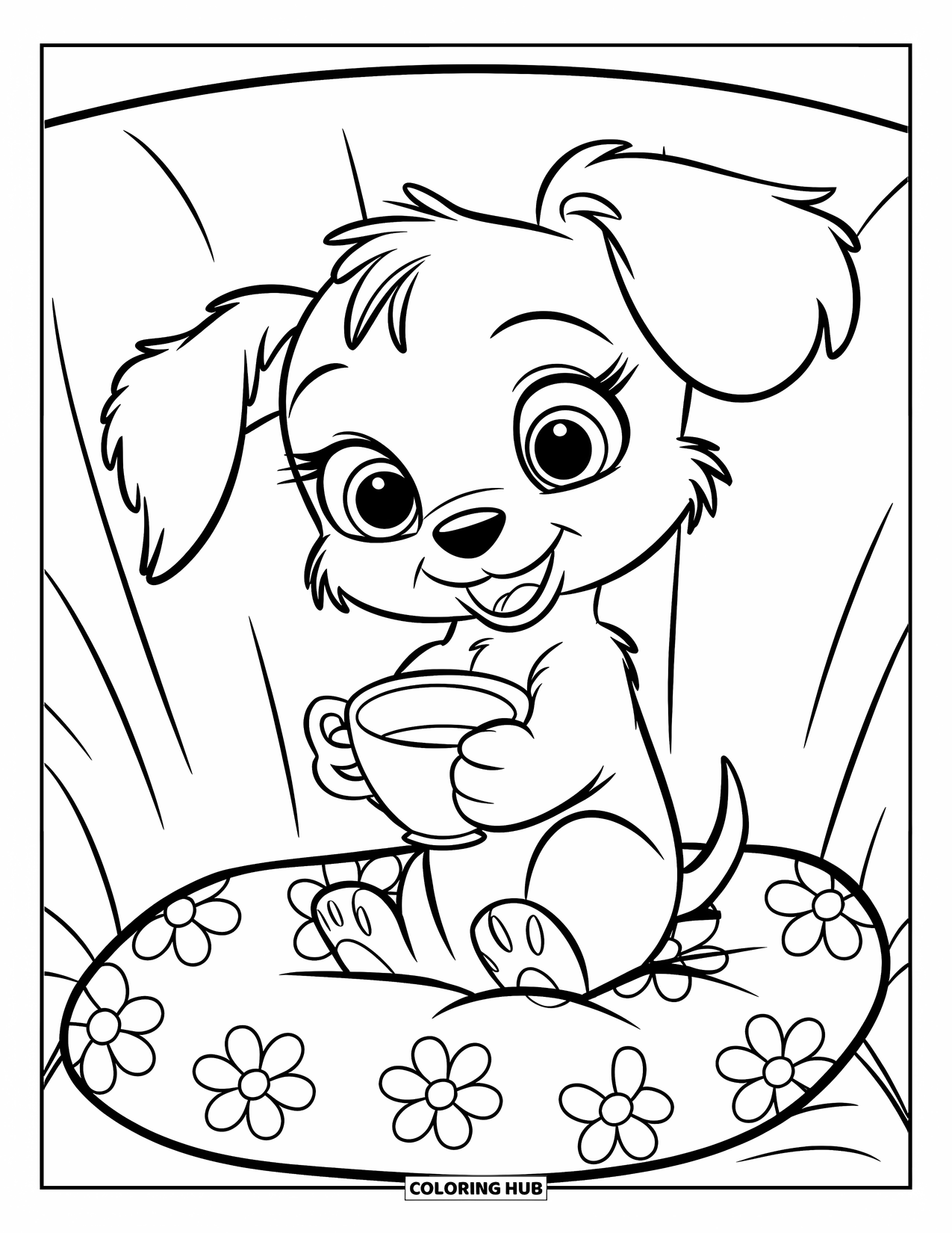 Tea Party Coloring Page for Kids: A puppy with floppy ears holds a teacup while sitting on a flowered cushion