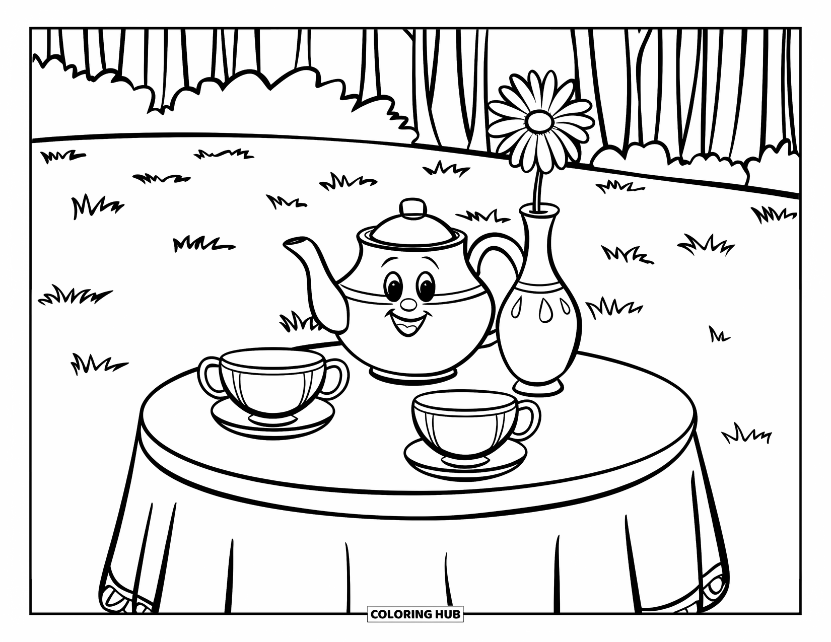 Tea Party Coloring Page for Kids: A round table holds a smiling teapot, teacups, and a flower vase outdoors