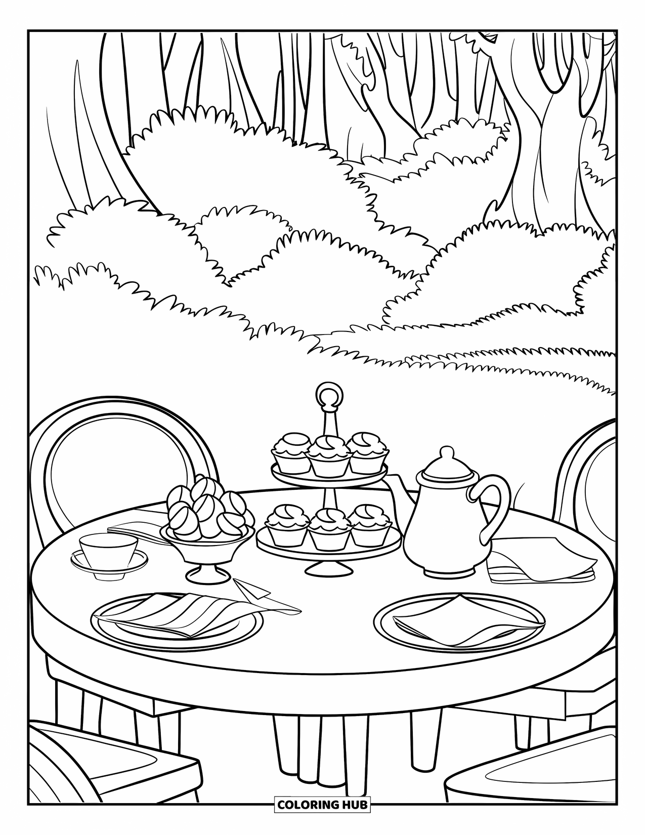 Tea Party Coloring Page for Kids: A round tea table with a cake stand in a forest setting