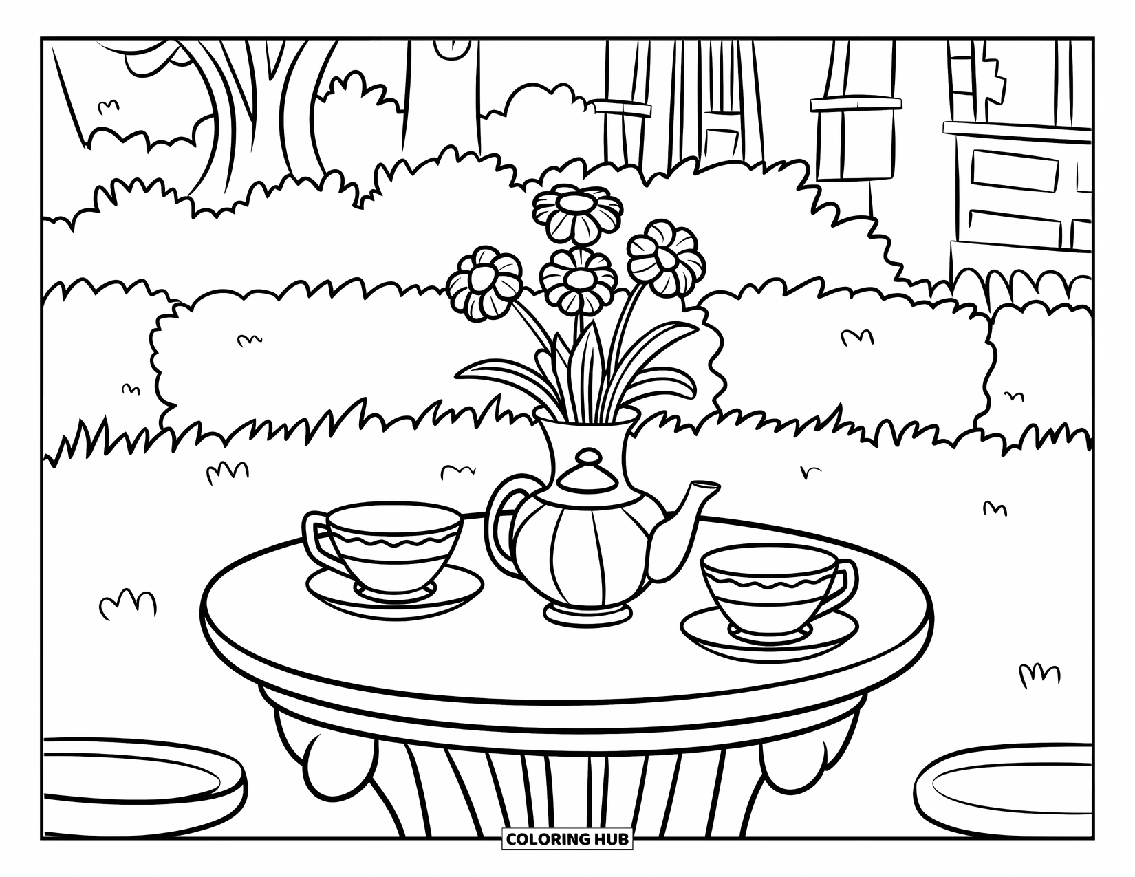 Tea Party Coloring Page for Kids: A round tea table with a teapot, cups, and flowers in a grassy area