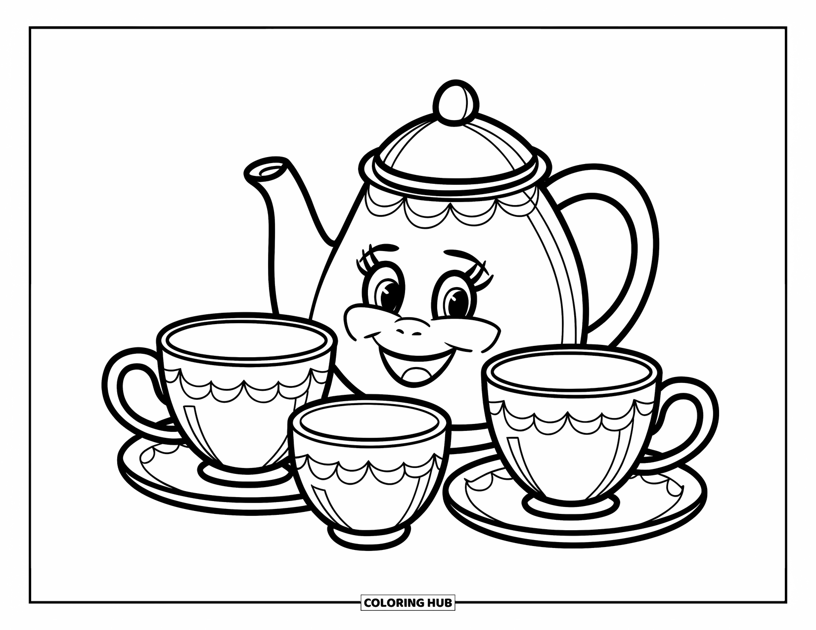 Tea Party Coloring Page for Kids: A smiling teapot with cups and a sugar bowl rests on a small plate