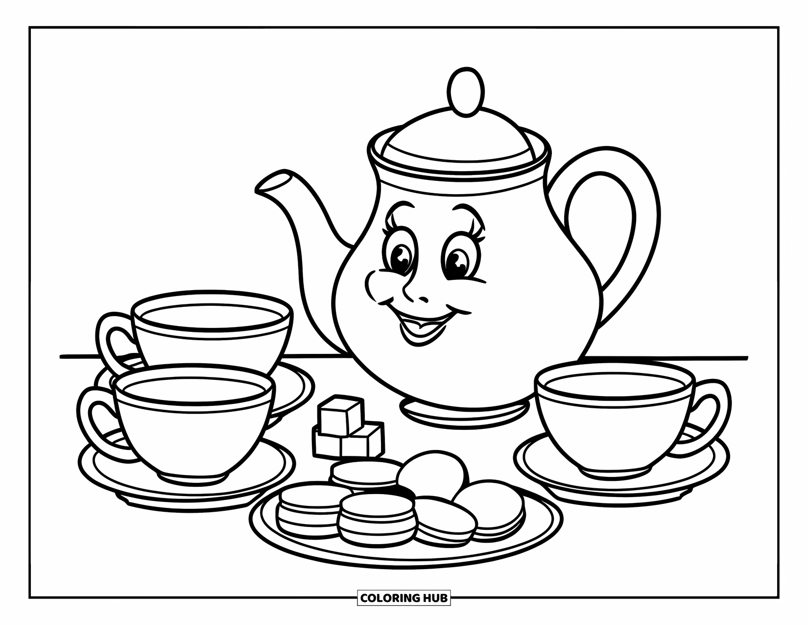 Tea Party Coloring Page for Kids: A smiling teapot with cups, sugar cubes, and biscuits
